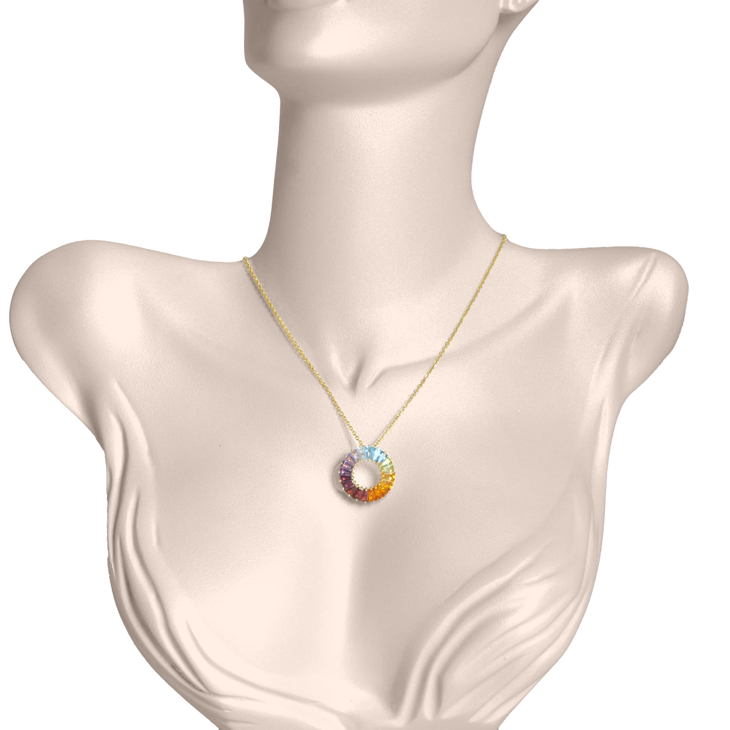 Introducing our exquisite 18K Gold Prong-Set Rainbow Gemstones Pendant Necklace, a vibrant celebration of nature's kaleidoscope. This necklace showcases a stunning pendant adorned with a rainbow of prong-set gemstones, each chosen for its vivid