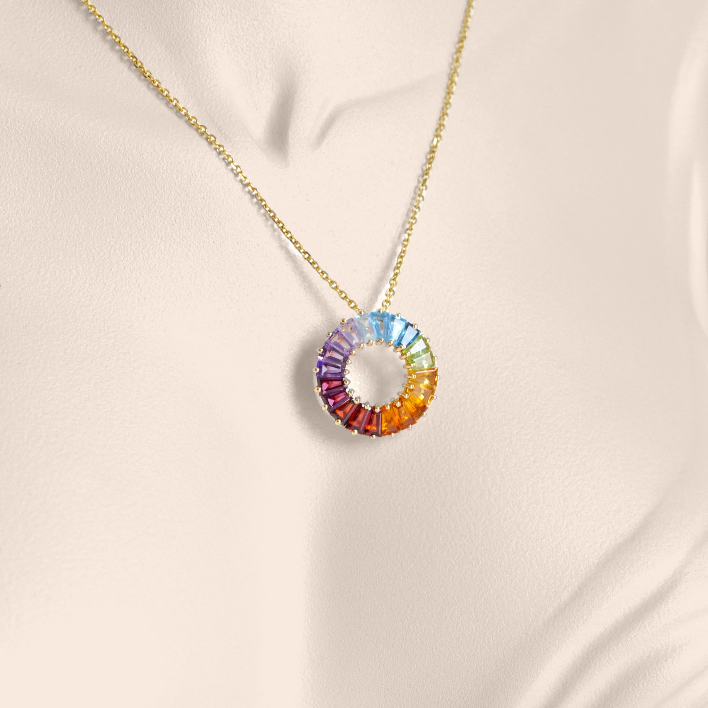 Contemporary 18K Gold Prong-set Tapered Baguette Rainbow Gemstones Circle Pendant Necklace For Sale