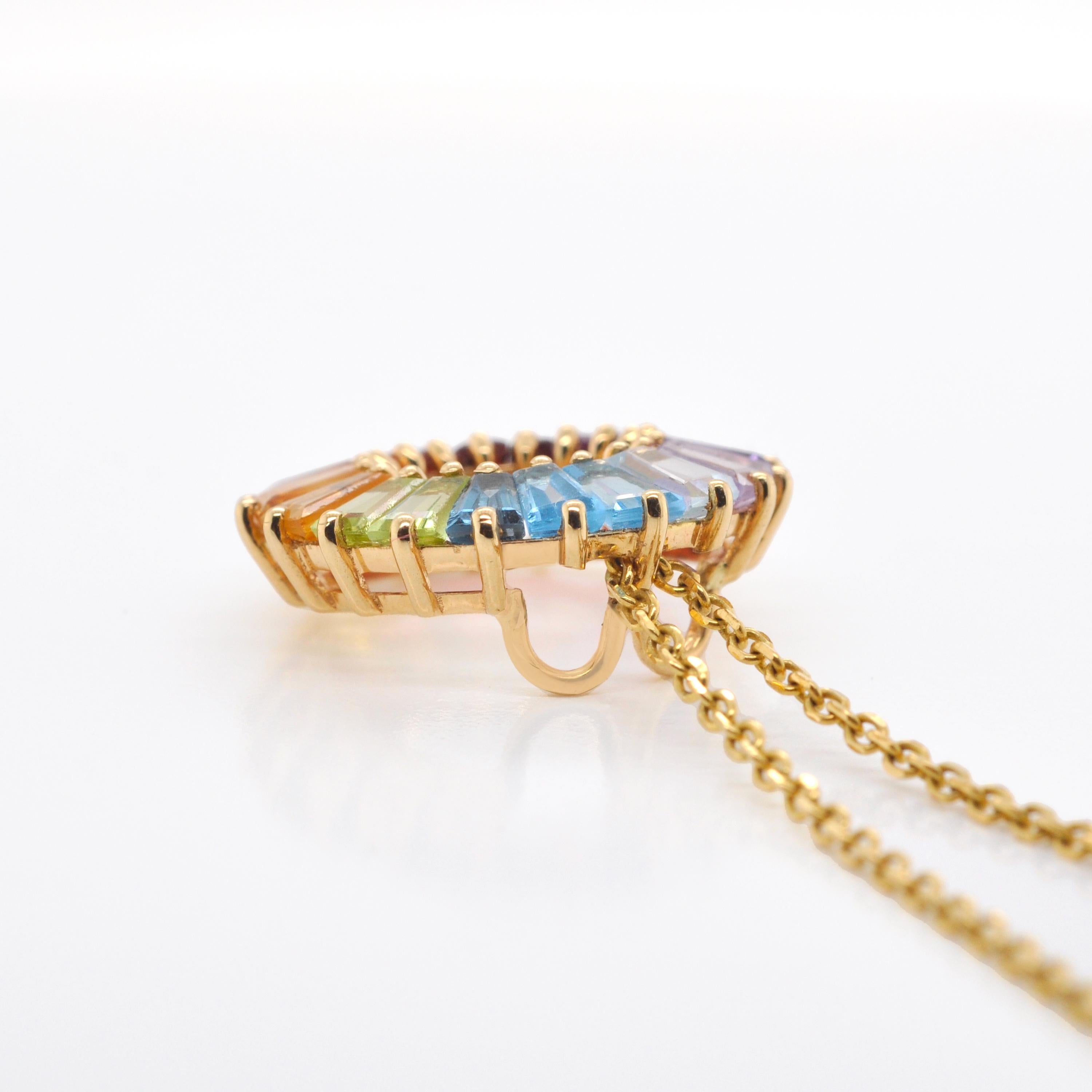 Women's or Men's 18K Gold Prong-set Tapered Baguette Rainbow Gemstones Circle Pendant Necklace For Sale