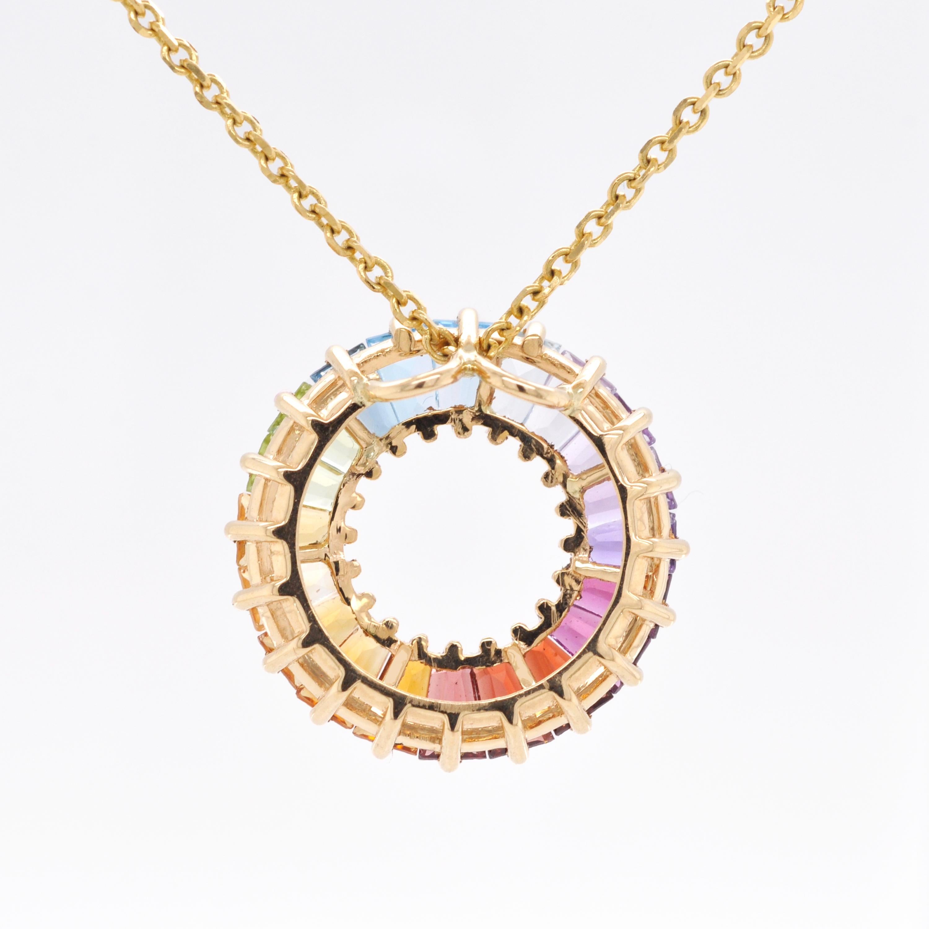 18K Gold Prong-set Tapered Baguette Rainbow Gemstones Circle Pendant Necklace For Sale 1