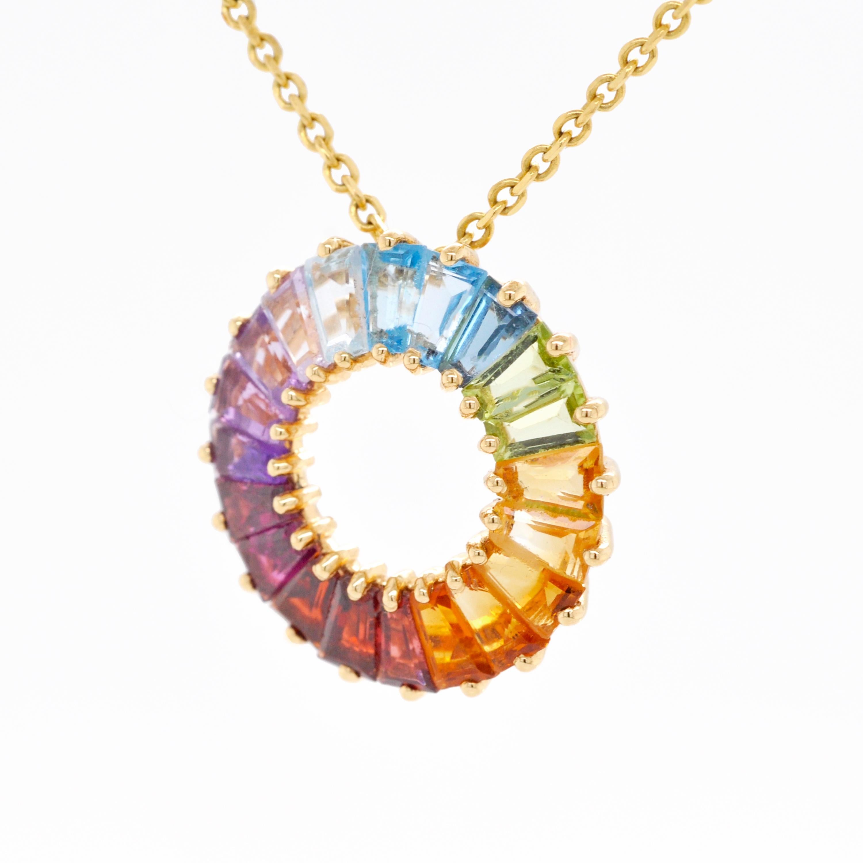 18K Gold Prong-set Tapered Baguette Rainbow Gemstones Circle Pendant Necklace For Sale 3