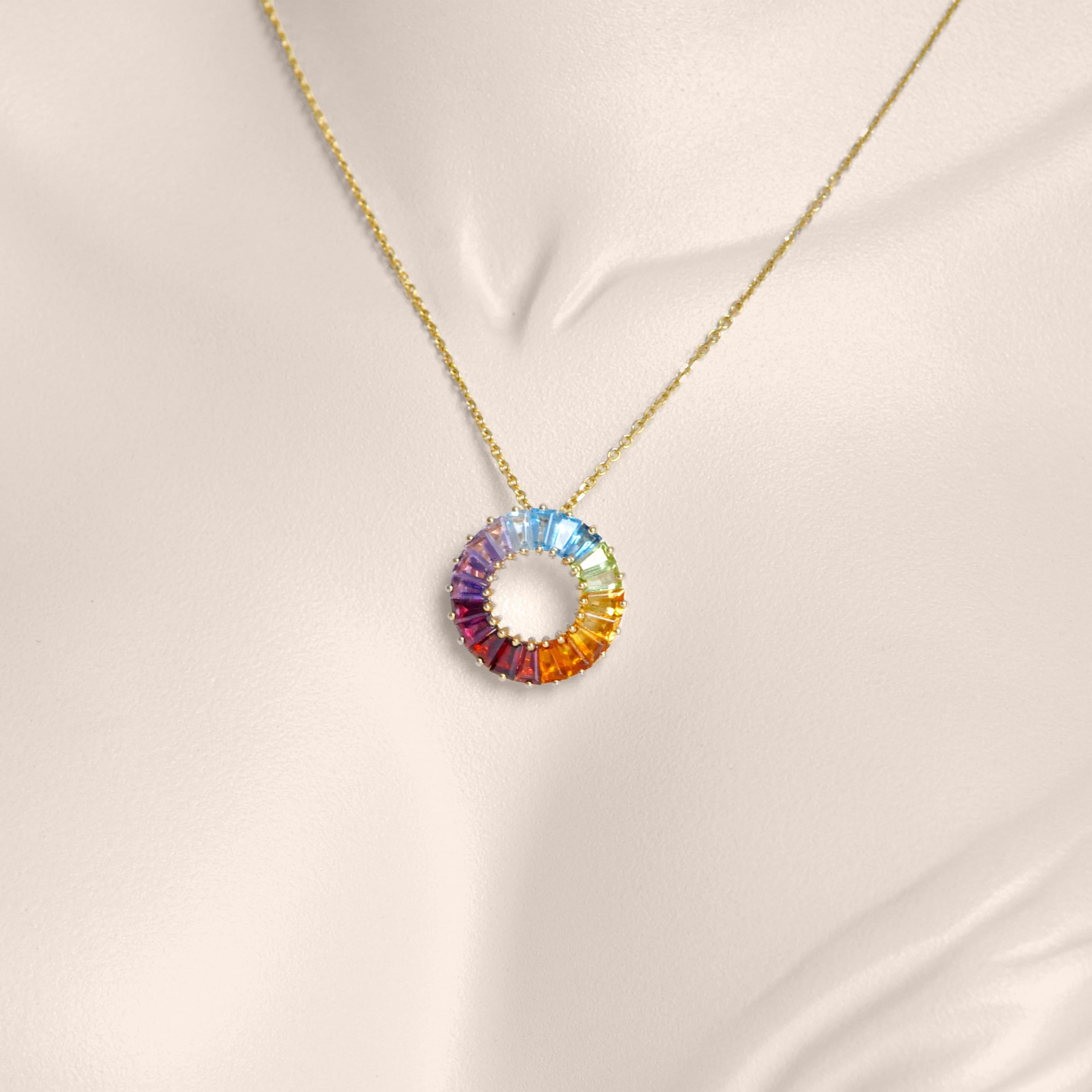 18K Gold Prong-set Tapered Baguette Rainbow Gemstones Circle Pendant Necklace For Sale 4