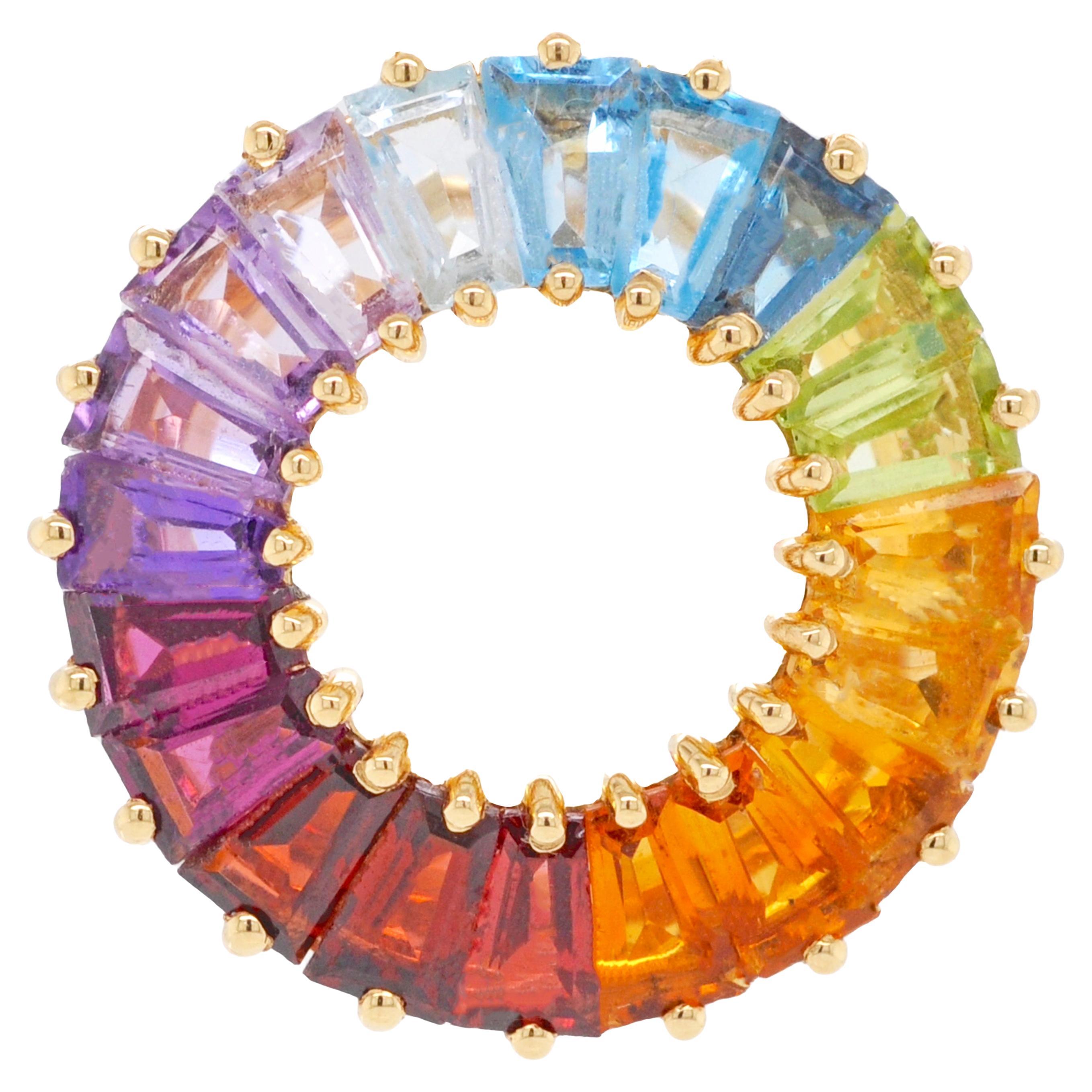 18K Gold Prong-set Tapered Baguette Rainbow Gemstones Circle Pendant Necklace For Sale