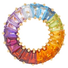 18 Karat Gold Zacken gefasste spitz zulaufende Baguette-Regenbogen-Edelsteine Kreis-Anhänger Halskette