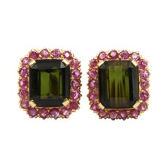 18k Gold Pure Green Tourmaline Pink Sapphire Earring