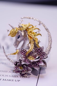 18K Gold Purple Sapphire & Diamond  'Unicorn & Moon' Brooch Pendant
