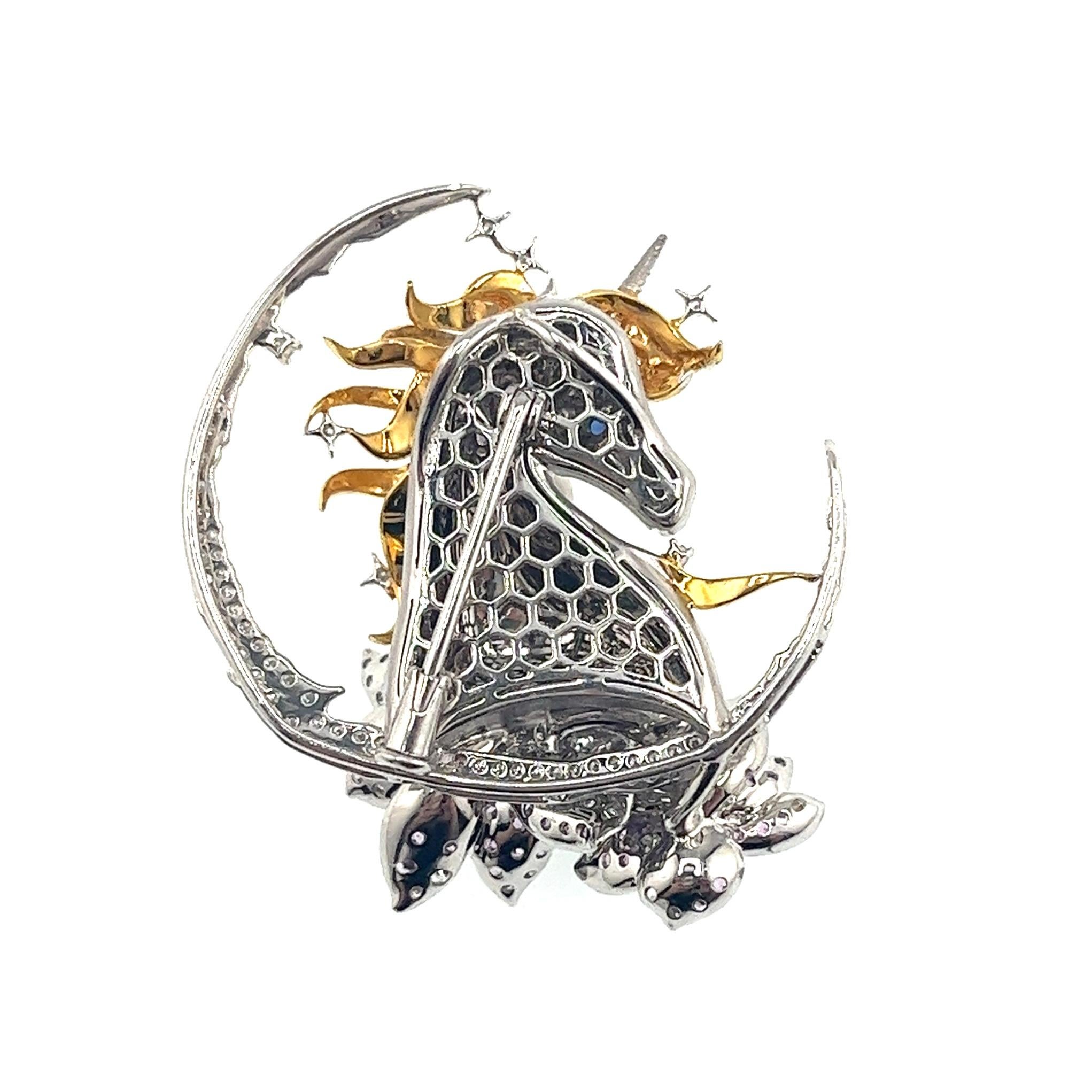 Round Cut 18K Gold Purple Sapphire & Diamond  'Unicorn & Moon' Brooch Pendant For Sale