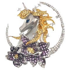 18K Gold Purple Sapphire & Diamond  'Unicorn & Moon' Brooch Pendant