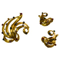 18K Gold Quartz/Topaz Demi Parure/Brooch & Earrings 