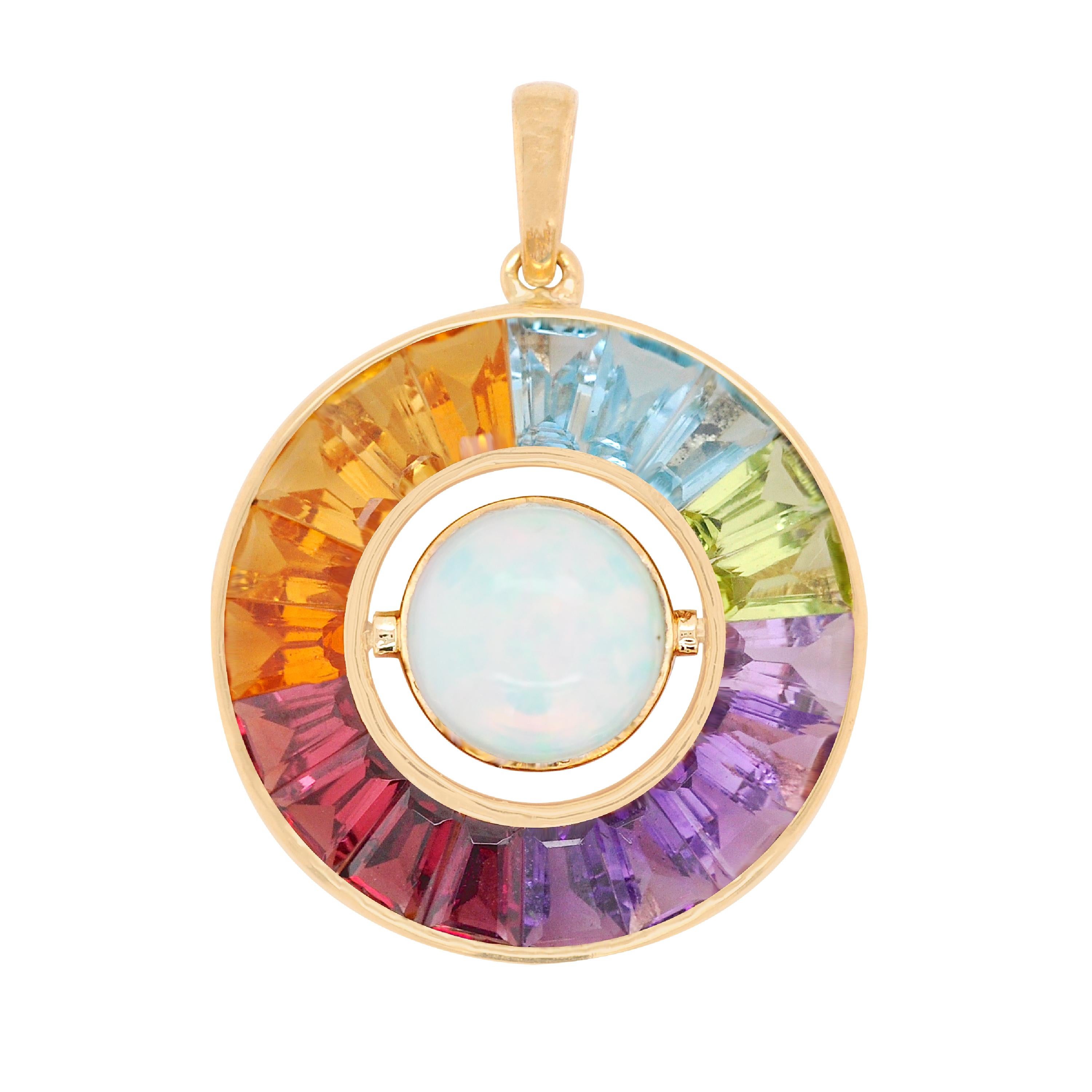 18K Gold Rainbow Gemstone Circle Diamond Ethiopian Opal Reversible Pendant For Sale 4