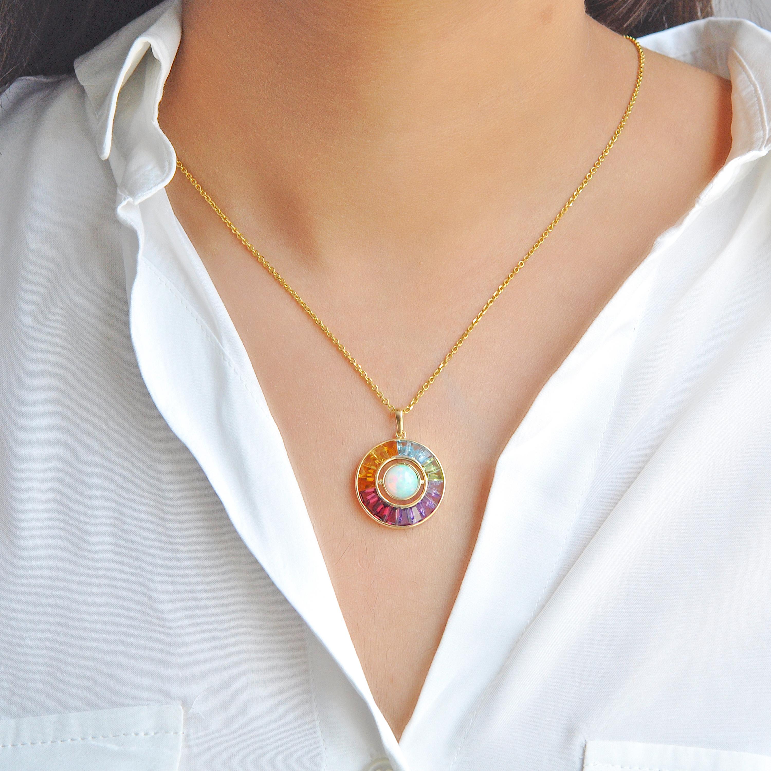 18K Gold Rainbow Gemstone Circle Diamond Ethiopian Opal Reversible Pendant For Sale 10