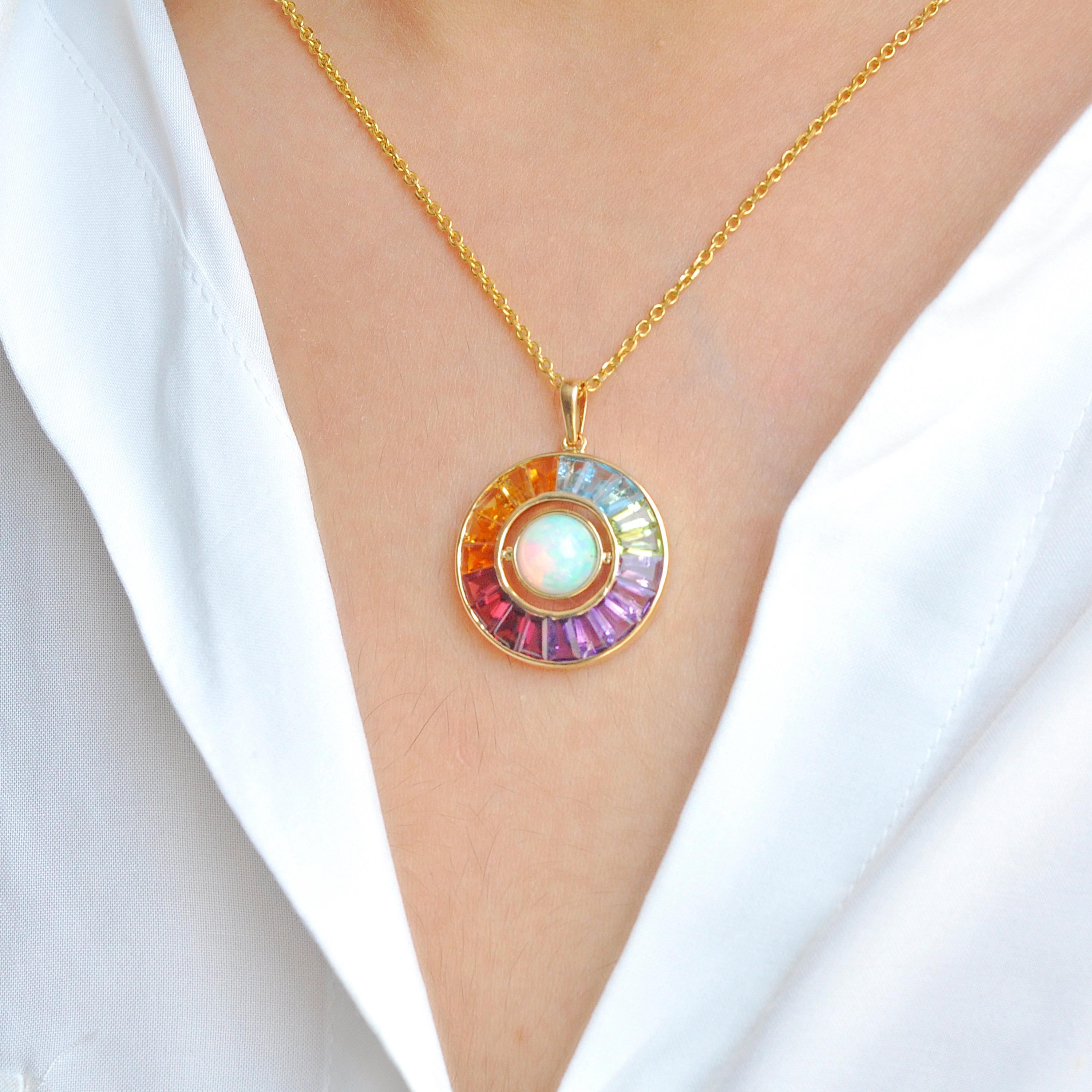 18K Gold Rainbow Gemstone Circle Diamond Ethiopian Opal Reversible Pendant For Sale 11