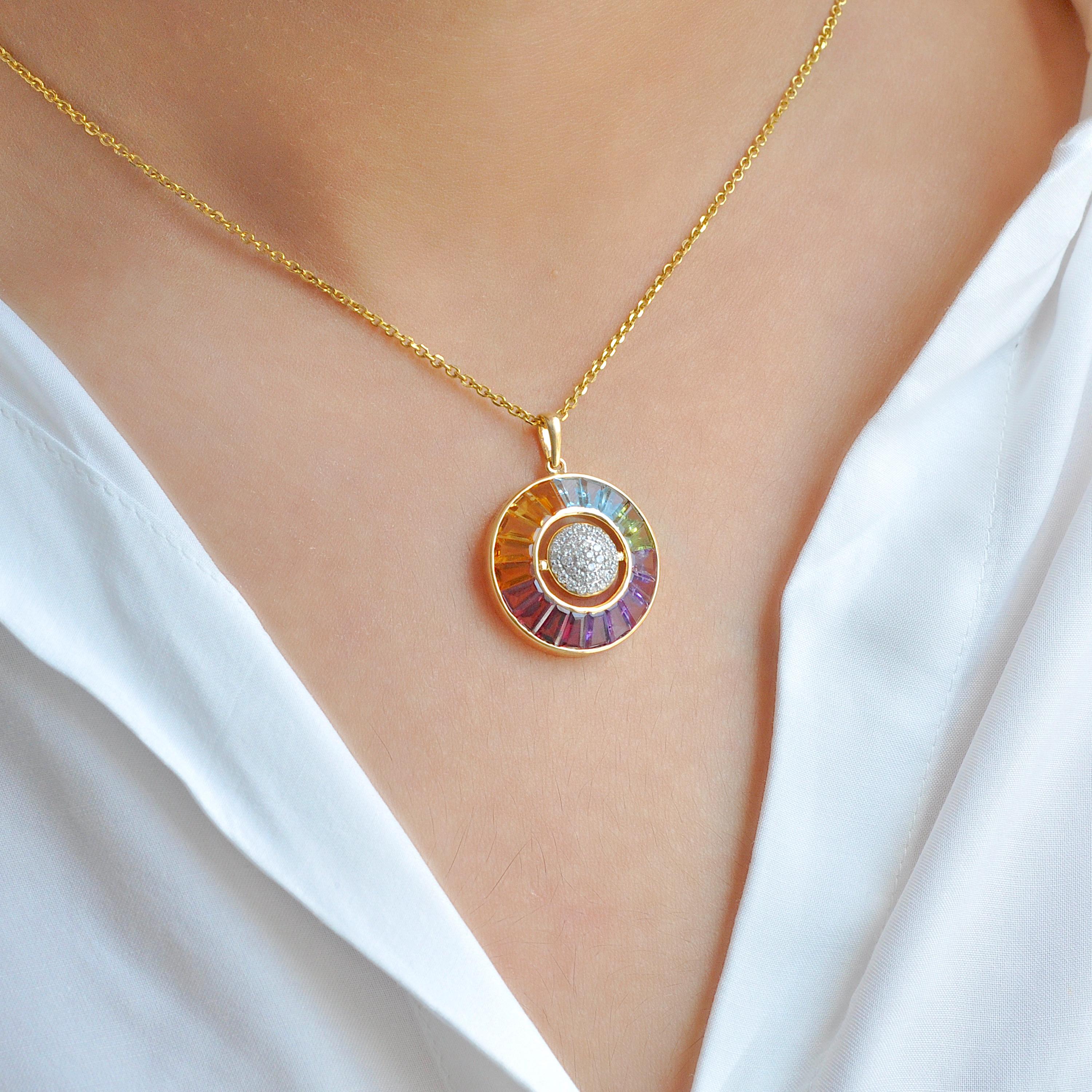18K gold rainbow gemstone circle diamond and ethiopian opal reversible pendant

This is our exquisite 18K gold rainbow gemstone circle diamond and opal reversible pendant is a true marvel of versatility and elegance. Crafted with meticulous