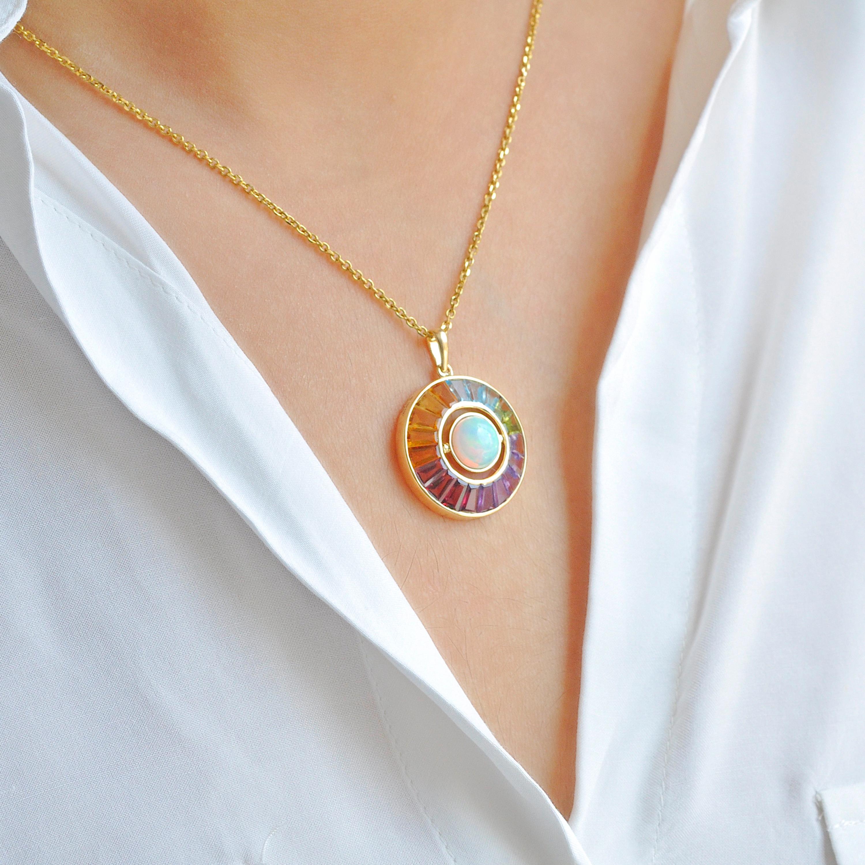 Art Deco 18K Gold Rainbow Gemstone Circle Diamond Ethiopian Opal Reversible Pendant For Sale