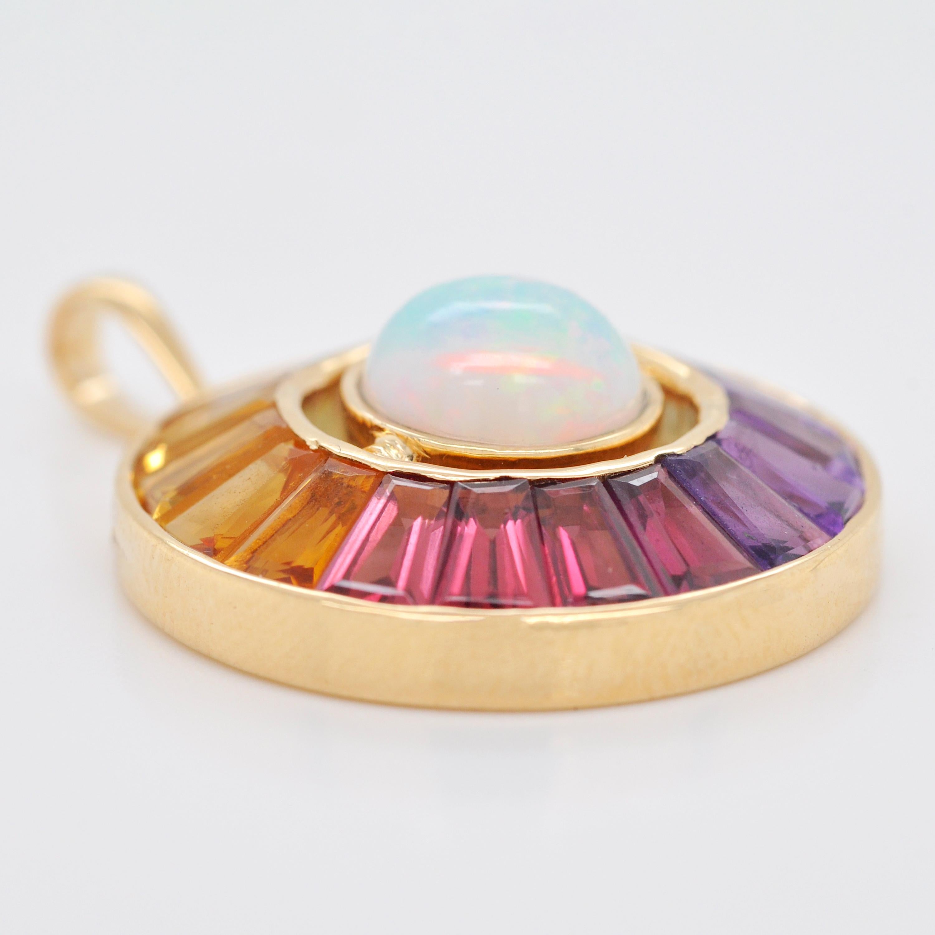 Tapered Baguette 18K Gold Rainbow Gemstone Circle Diamond Ethiopian Opal Reversible Pendant For Sale