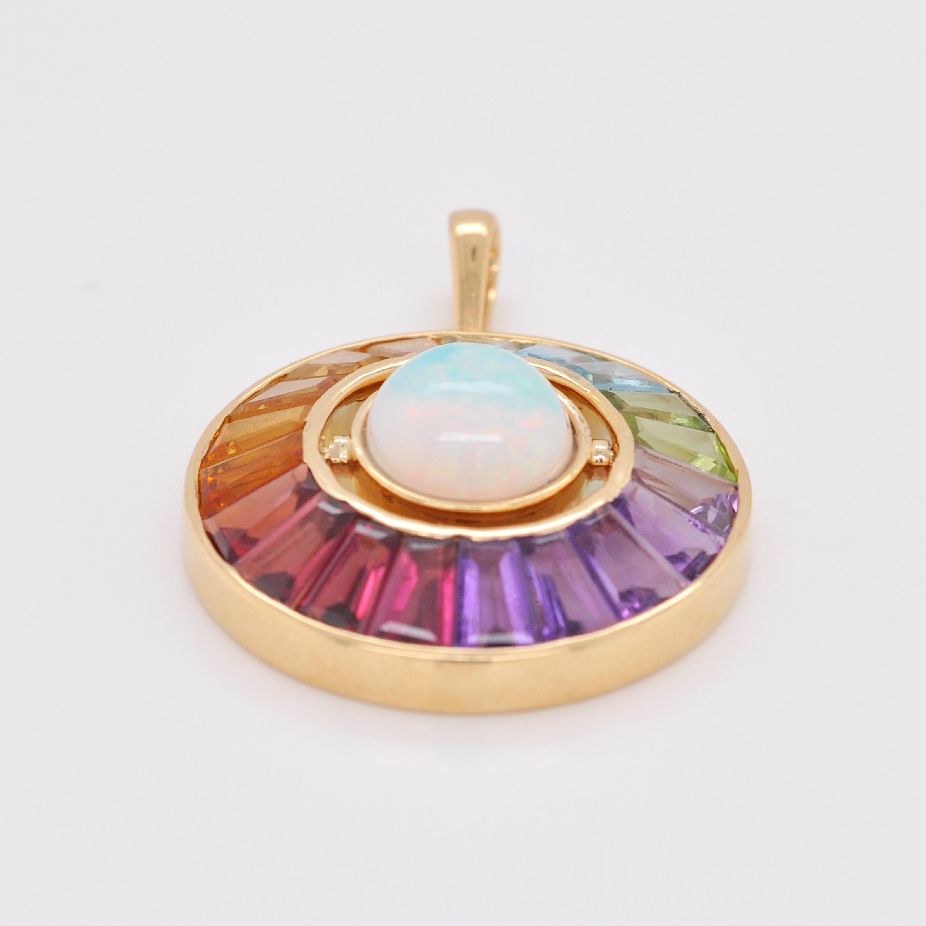Women's 18K Gold Rainbow Gemstone Circle Diamond Ethiopian Opal Reversible Pendant For Sale
