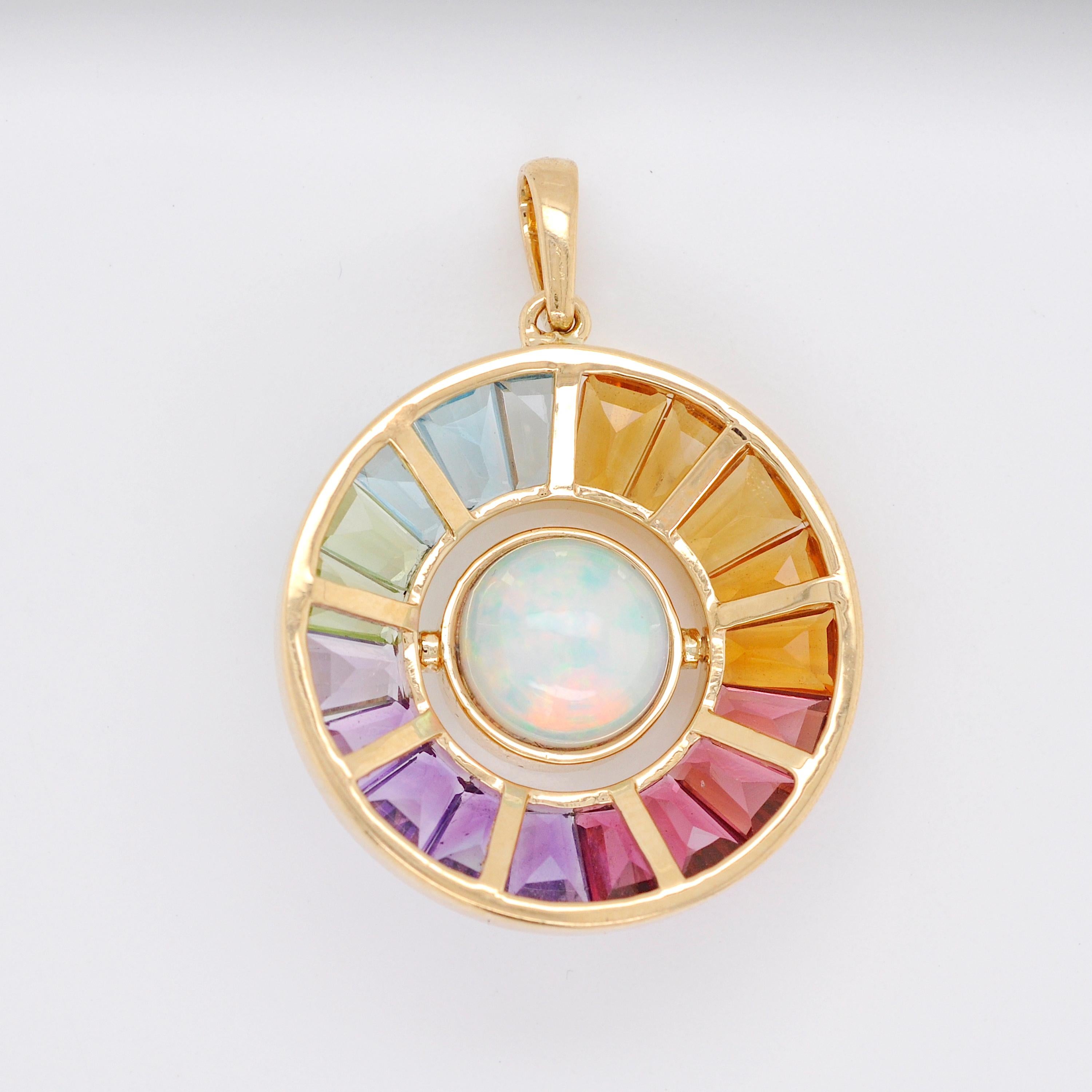 18K Gold Rainbow Gemstone Circle Diamond Ethiopian Opal Reversible Pendant For Sale 1