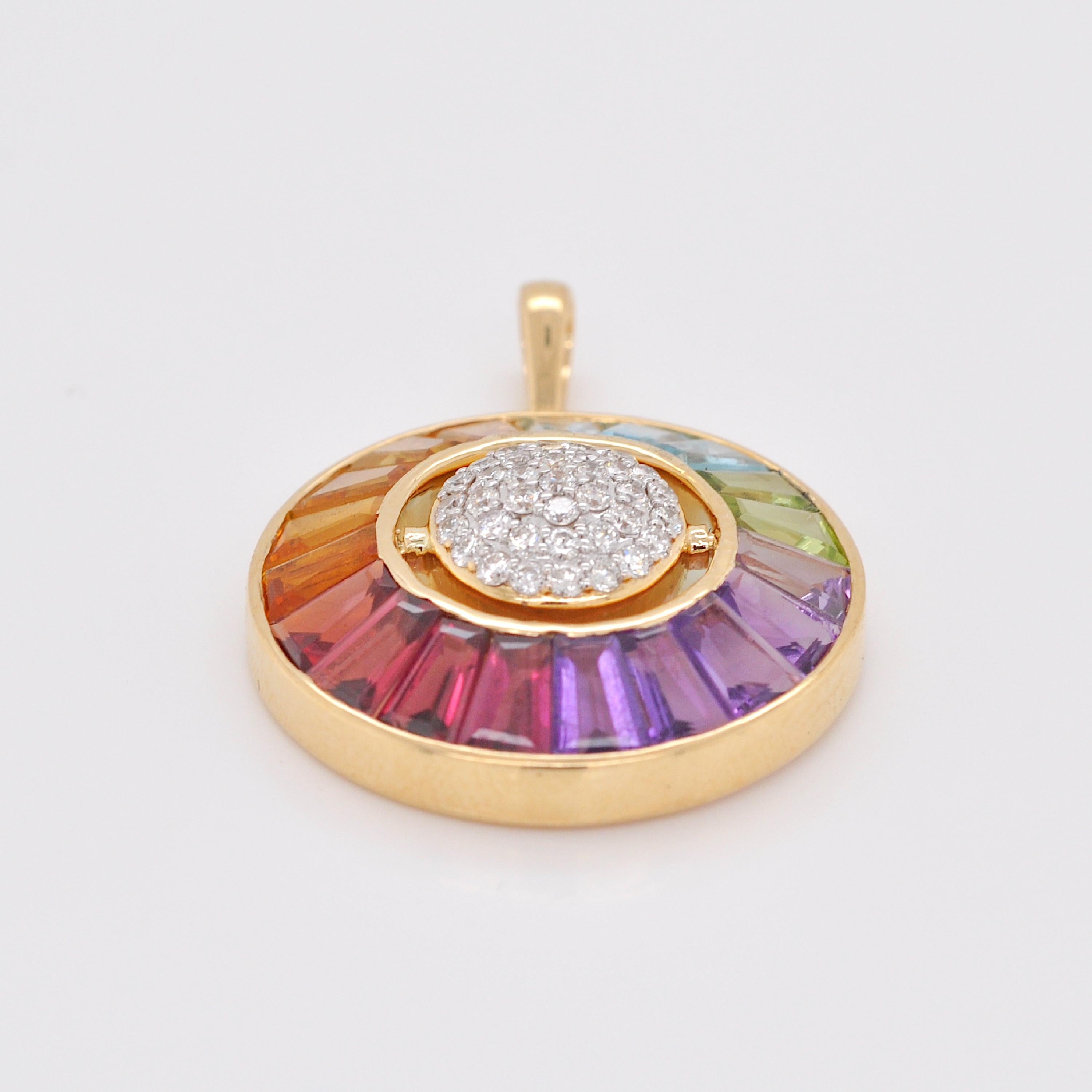 18K Gold Rainbow Gemstone Circle Diamond Ethiopian Opal Reversible Pendant For Sale 2