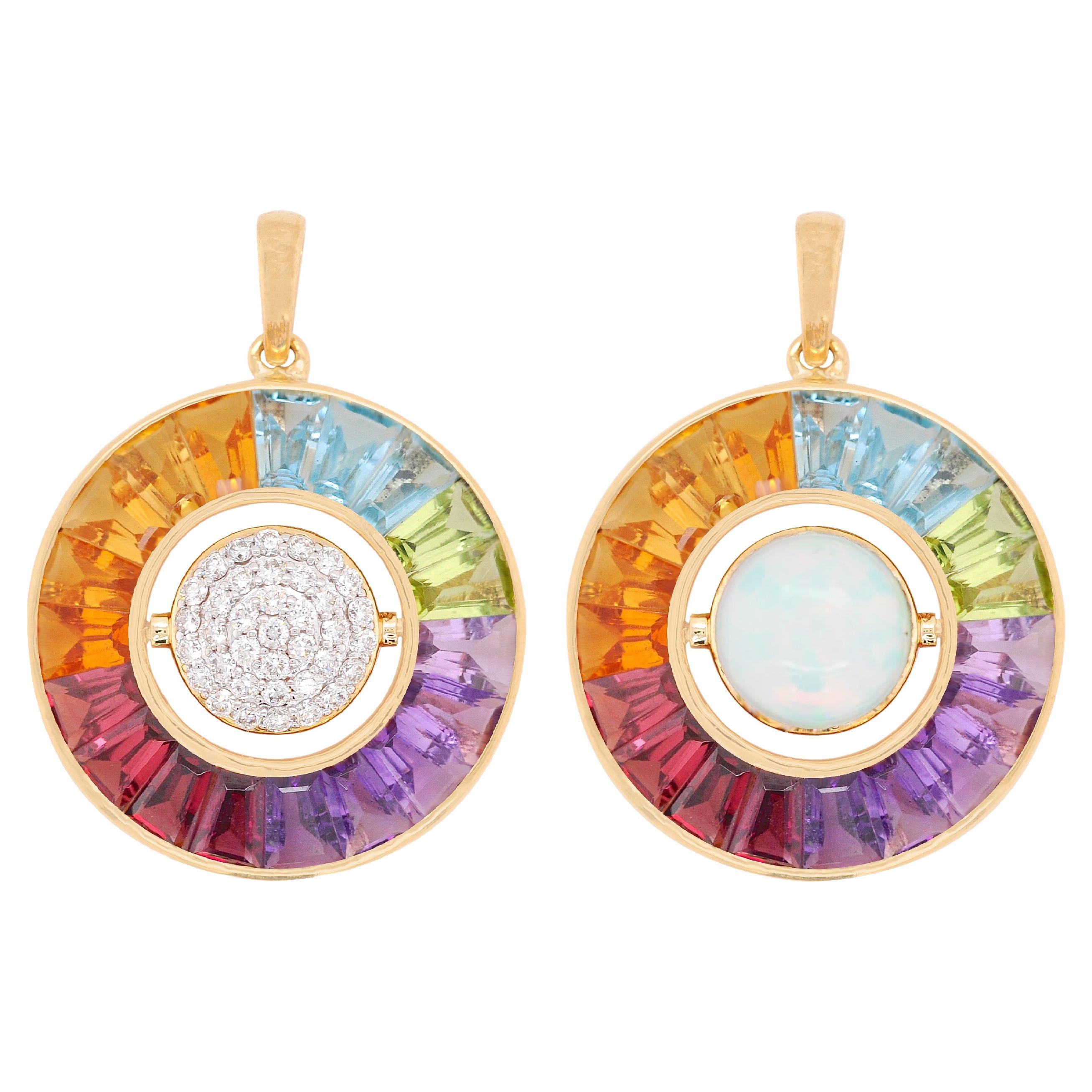 18K Gold Rainbow Gemstone Circle Diamond Ethiopian Opal Reversible Pendant For Sale
