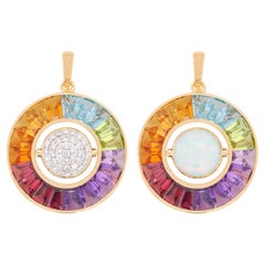 18K Gold Rainbow Gemstone Circle Diamond Ethiopian Opal Reversible Pendant