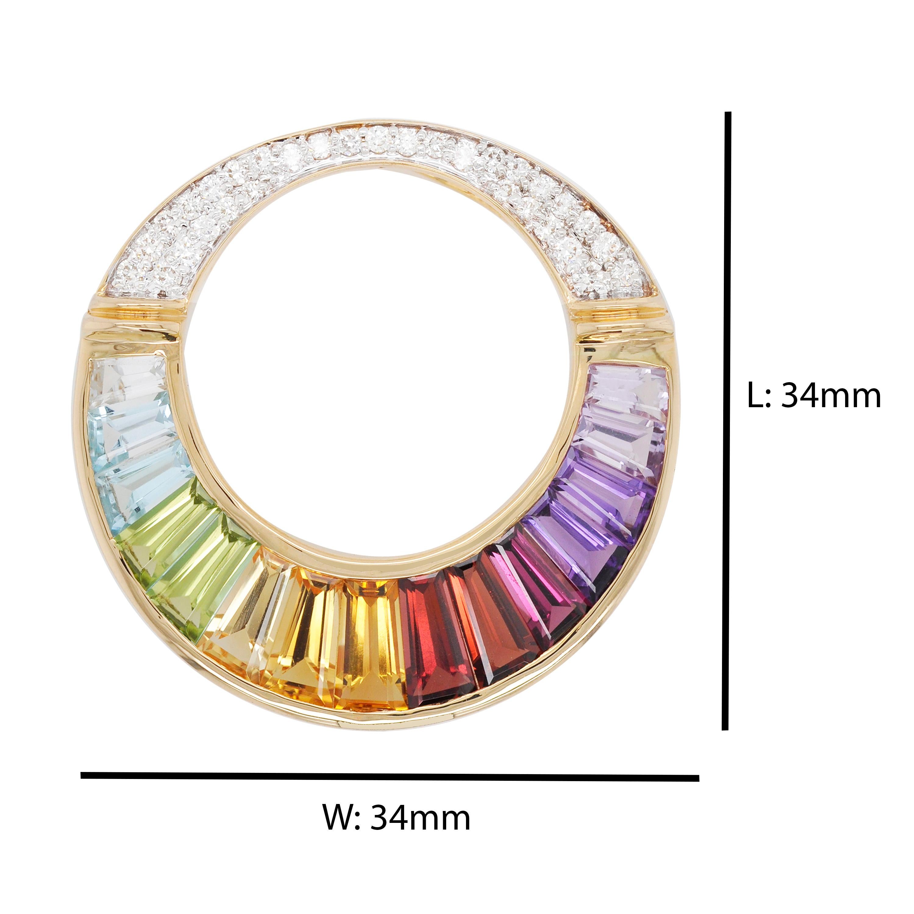 Contemporain Collier pendentif broche circulaire en or 18 carats avec pierres précieuses arc-en-ciel et diamants baguettes en vente