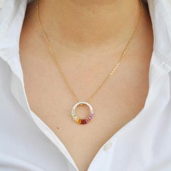 18K Gold Rainbow Gemstones Baguette Prong Set Diamond Circular Pendant Necklace