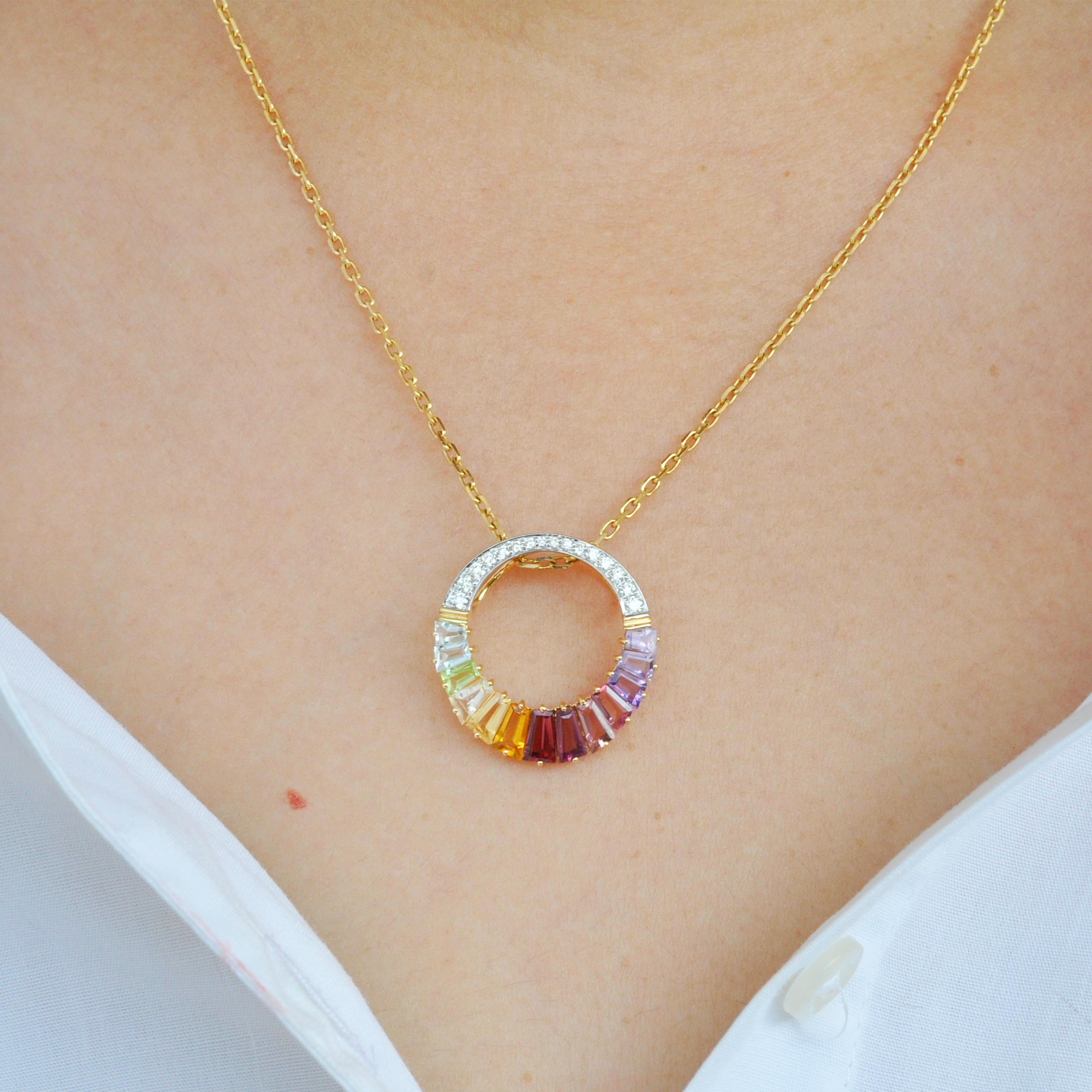 Contemporary 18K Gold Rainbow Gemstones Baguette Prong Set Diamond Circular Pendant Necklace For Sale