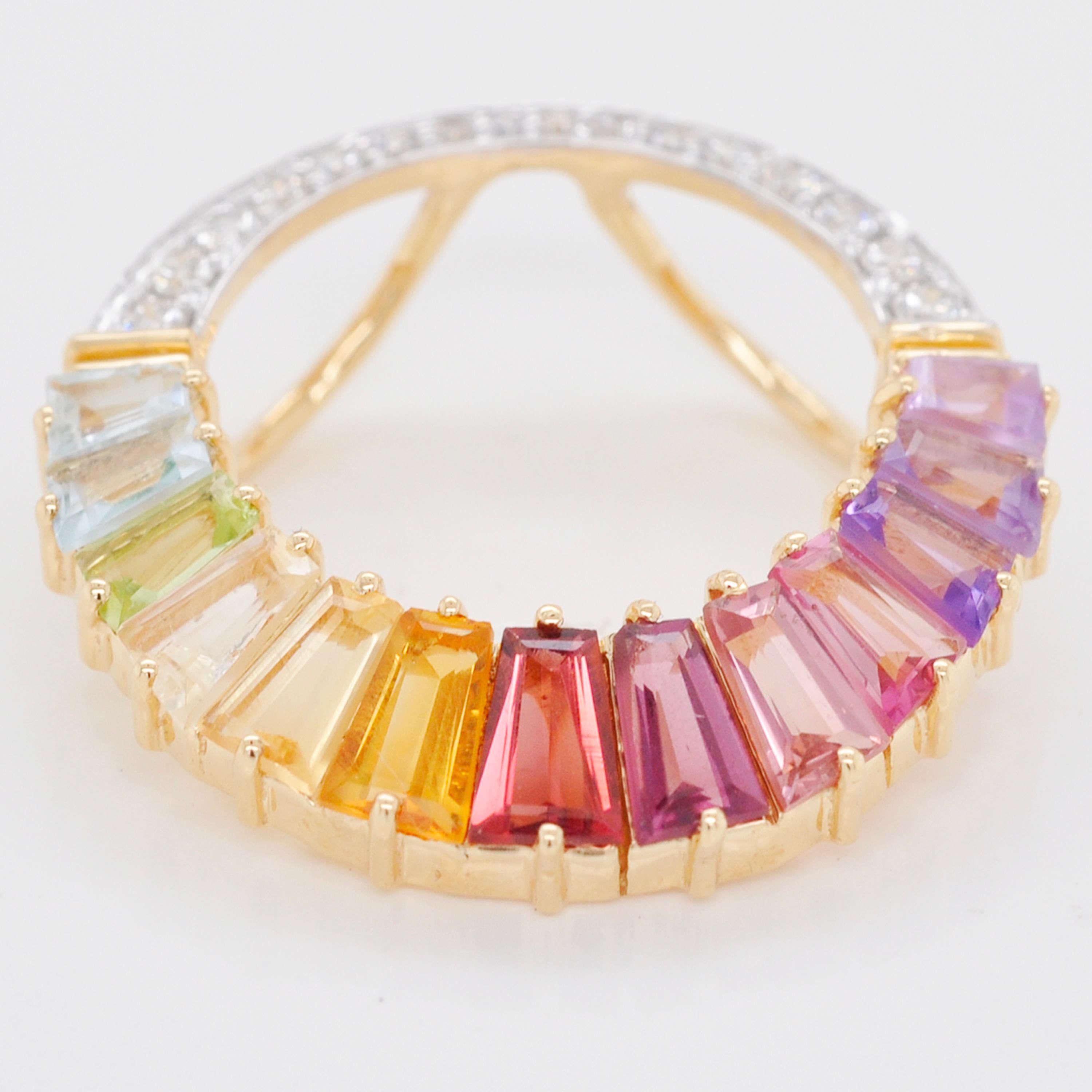 Tapered Baguette 18K Gold Rainbow Gemstones Baguette Prong Set Diamond Circular Pendant Necklace For Sale