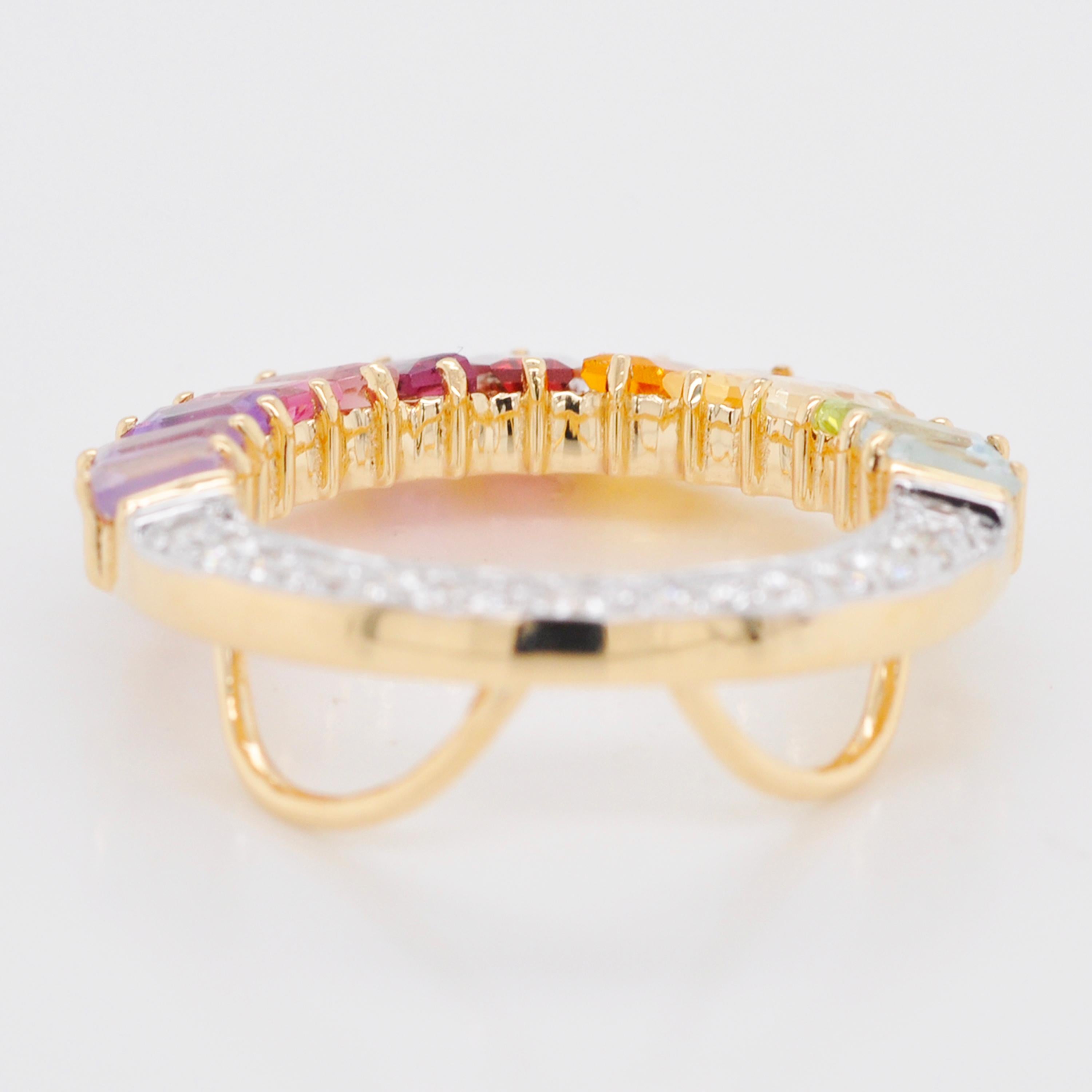 Women's 18K Gold Rainbow Gemstones Baguette Prong Set Diamond Circular Pendant Necklace For Sale