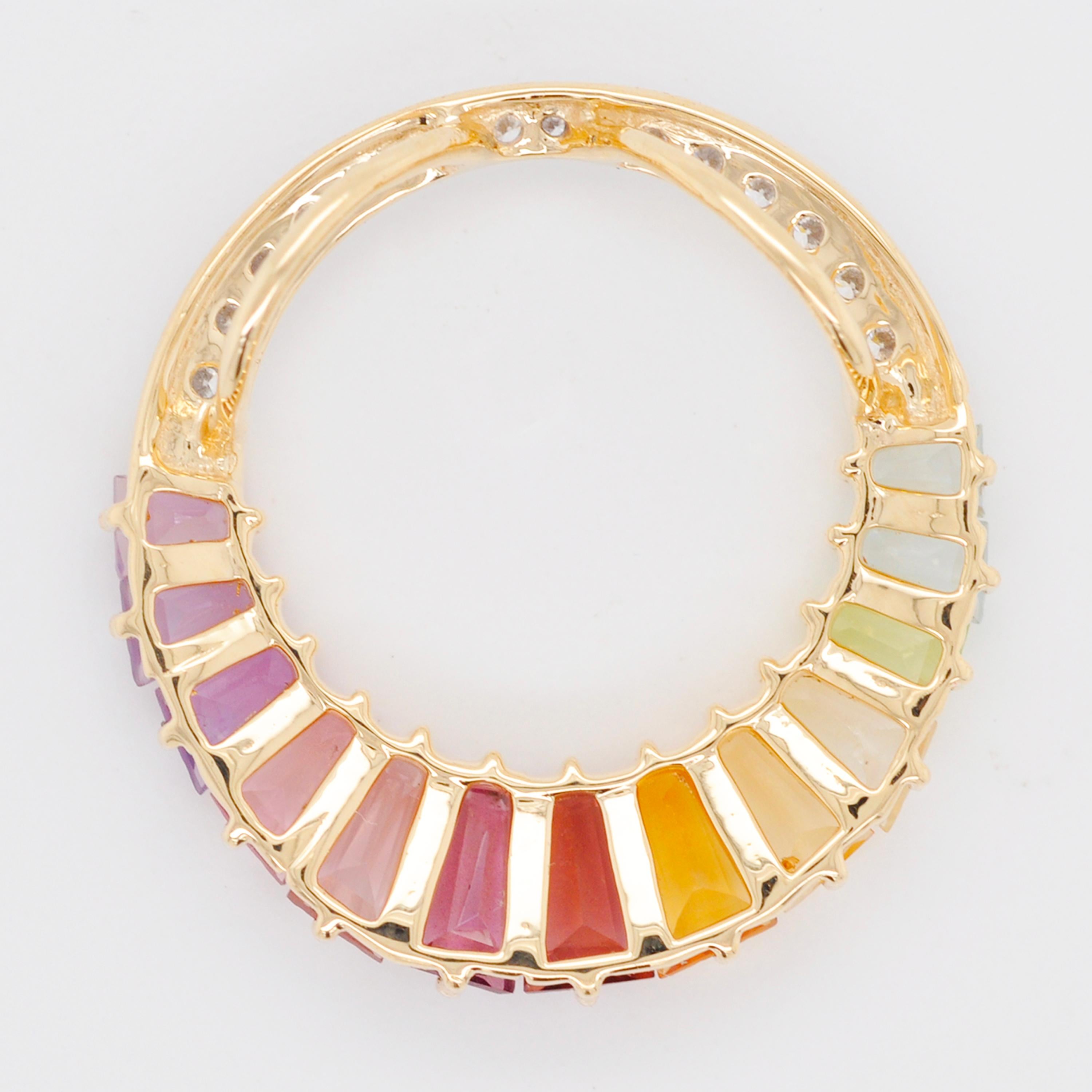 18K Gold Rainbow Gemstones Baguette Prong Set Diamond Circular Pendant Necklace For Sale 1