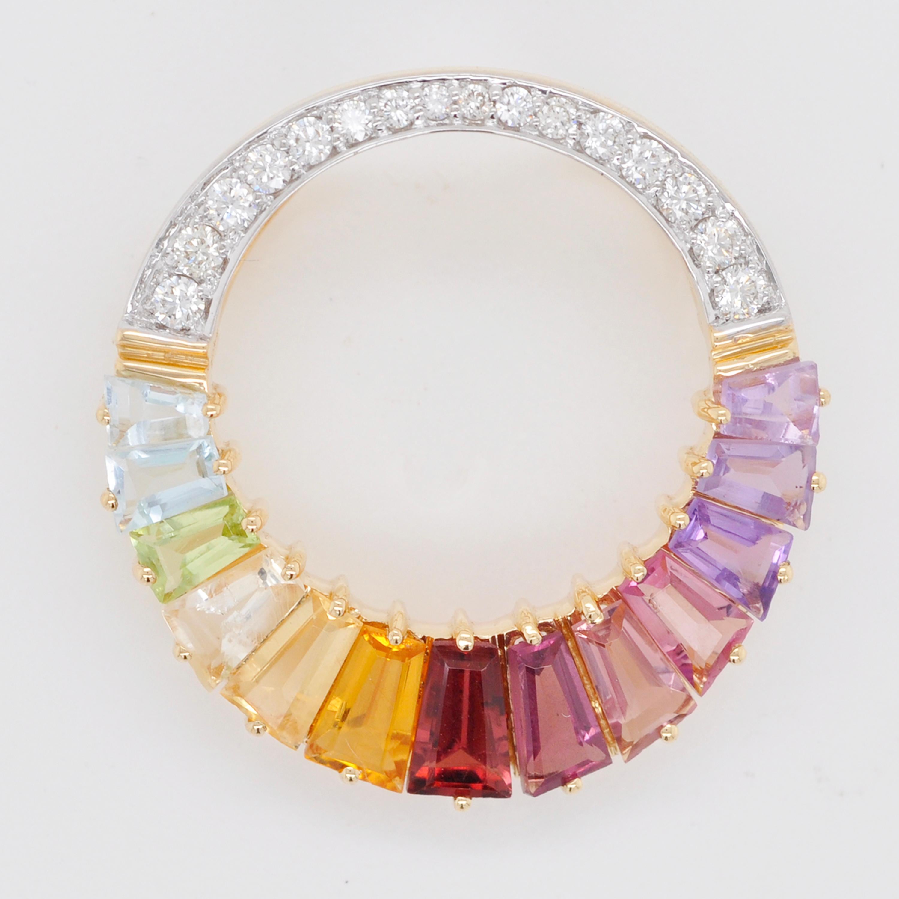 18K Gold Rainbow Gemstones Baguette Prong Set Diamond Circular Pendant Necklace For Sale 2