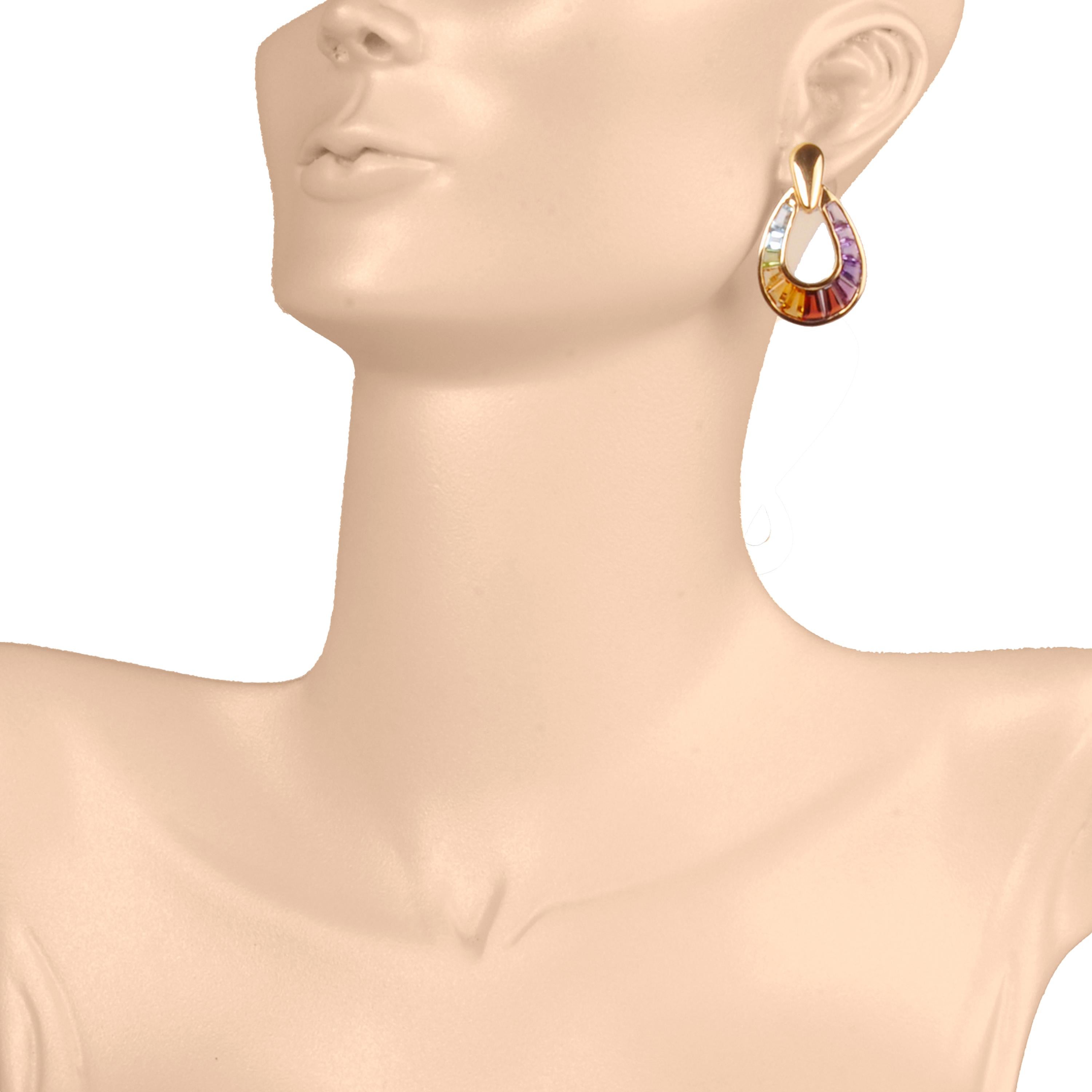 18K Gold Raindrop Channel-Set Rainbow Taper Baguette Gemstones Dangle Earrings For Sale 3
