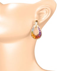 18K Gold Door-Knocker Channel-Set Rainbow Taper Baguette Gemstone Pride Earrings