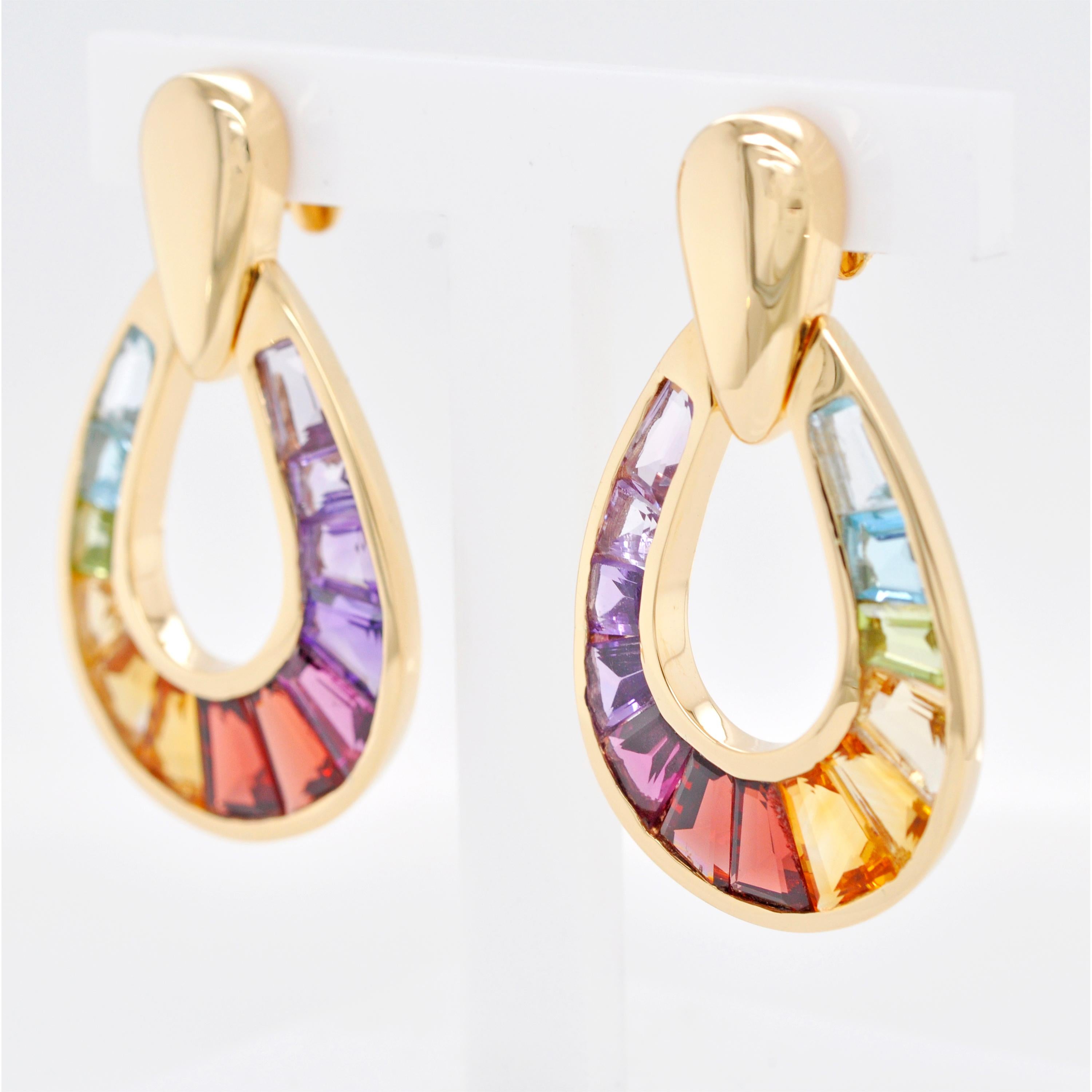 Women's 18K Gold Raindrop Channel-Set Rainbow Taper Baguette Gemstones Dangle Earrings For Sale