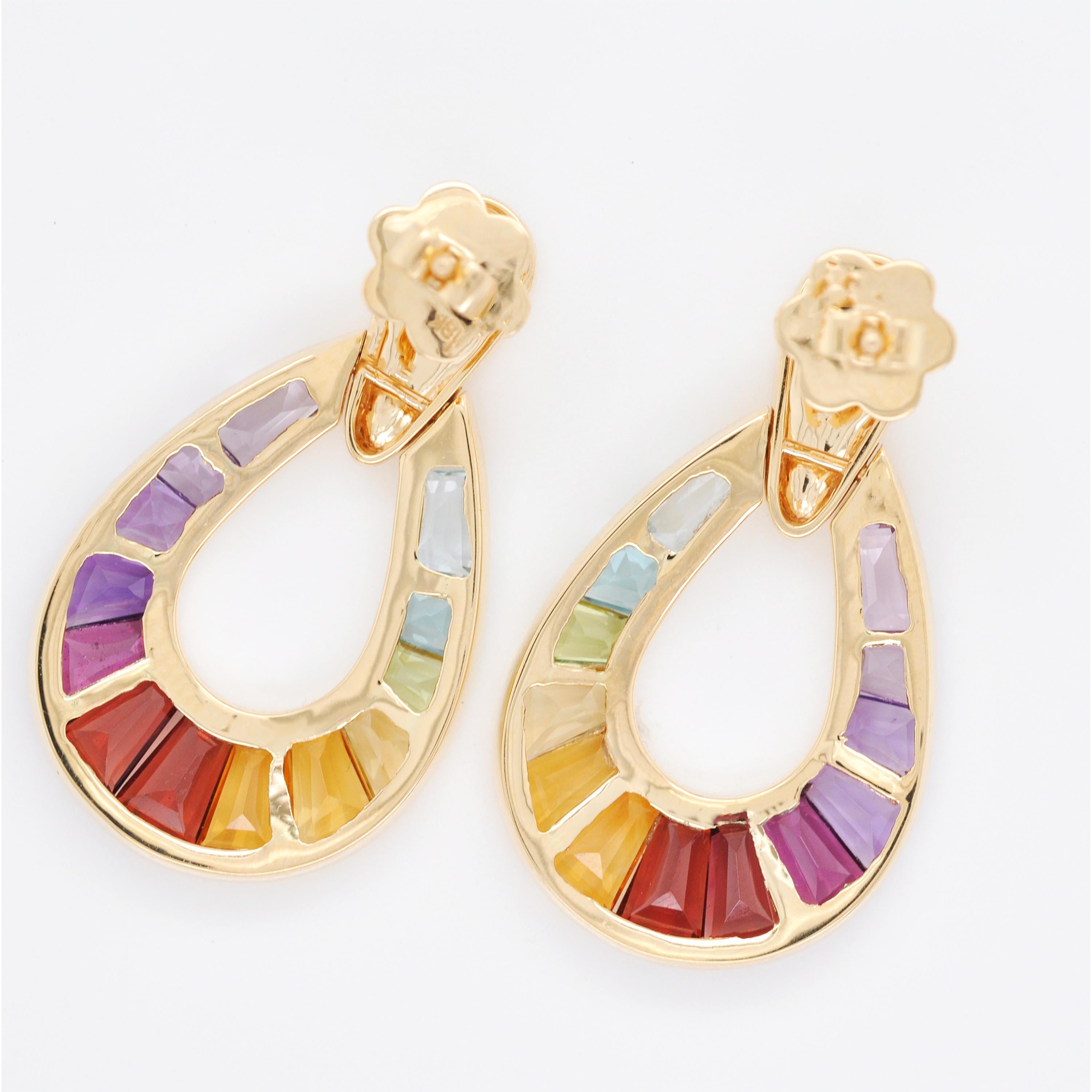 18K Gold Raindrop Channel-Set Rainbow Taper Baguette Gemstones Dangle Earrings For Sale 1