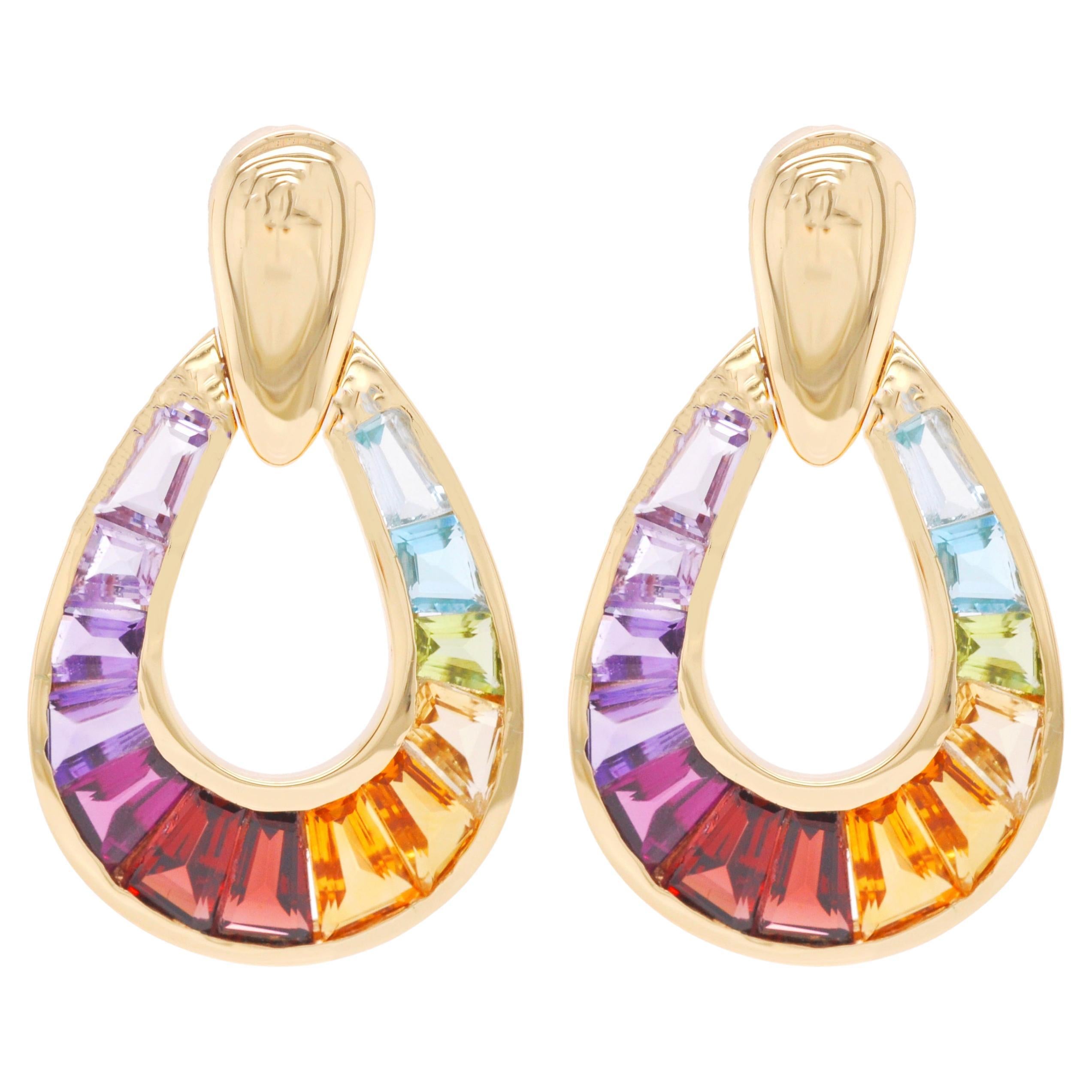 18K Gold Raindrop Channel-Set Rainbow Taper Baguette Gemstones Dangle Earrings