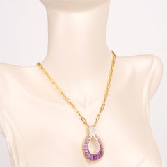 18K Gold Channel-Set Taper Baguette Amethyst Diamond Pendant Necklace