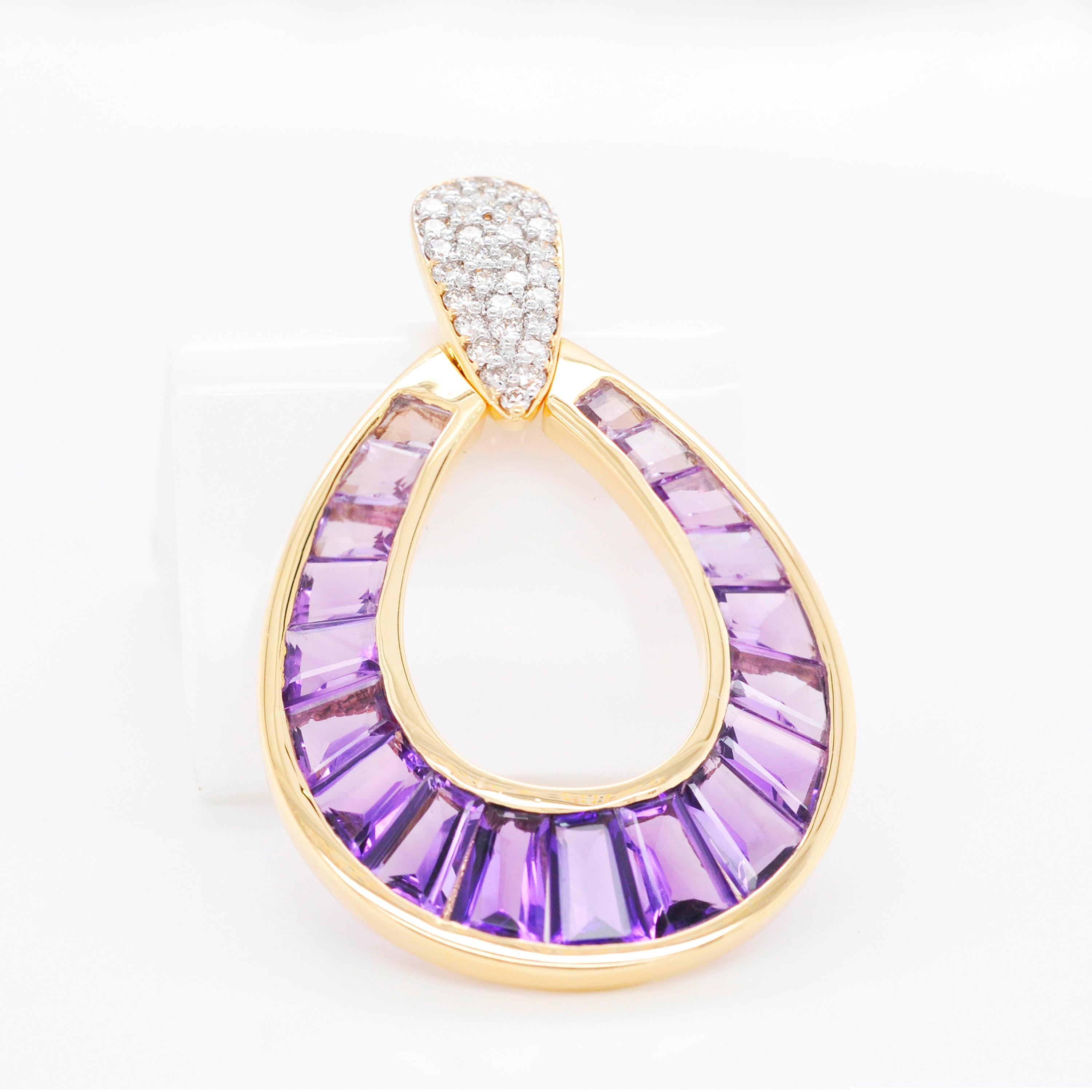 18K Gold Raindrop Channel-Set Taper Baguette Amethyst Diamond Pendant Necklace In New Condition For Sale In Jaipur, Rajasthan