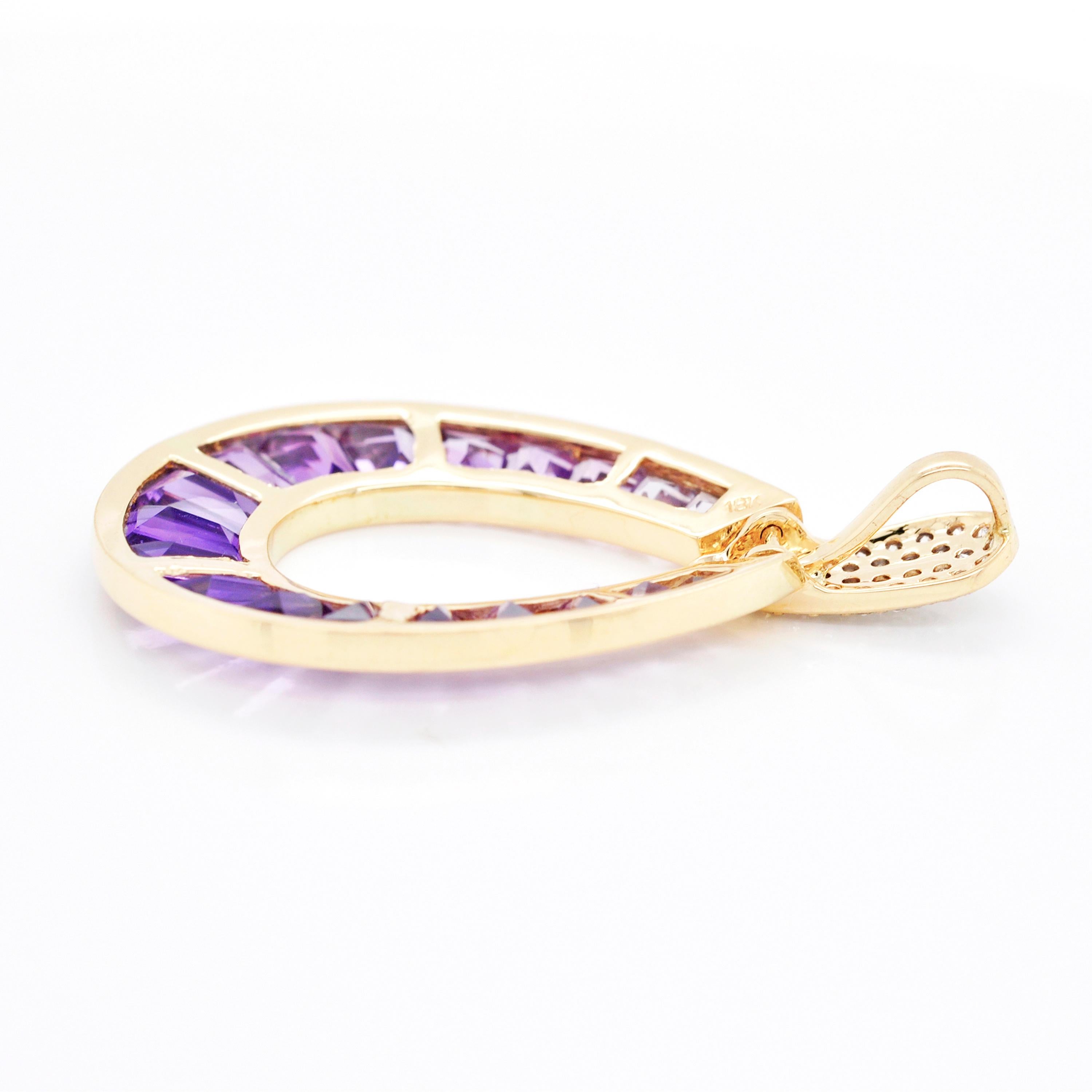 18K Gold Raindrop Channel-Set Taper Baguette Amethyst Diamond Pendant Necklace For Sale 2