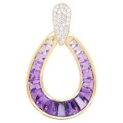 18K Gold Raindrop Channel-Set Taper Baguette Amethyst Diamond Pendant Necklace