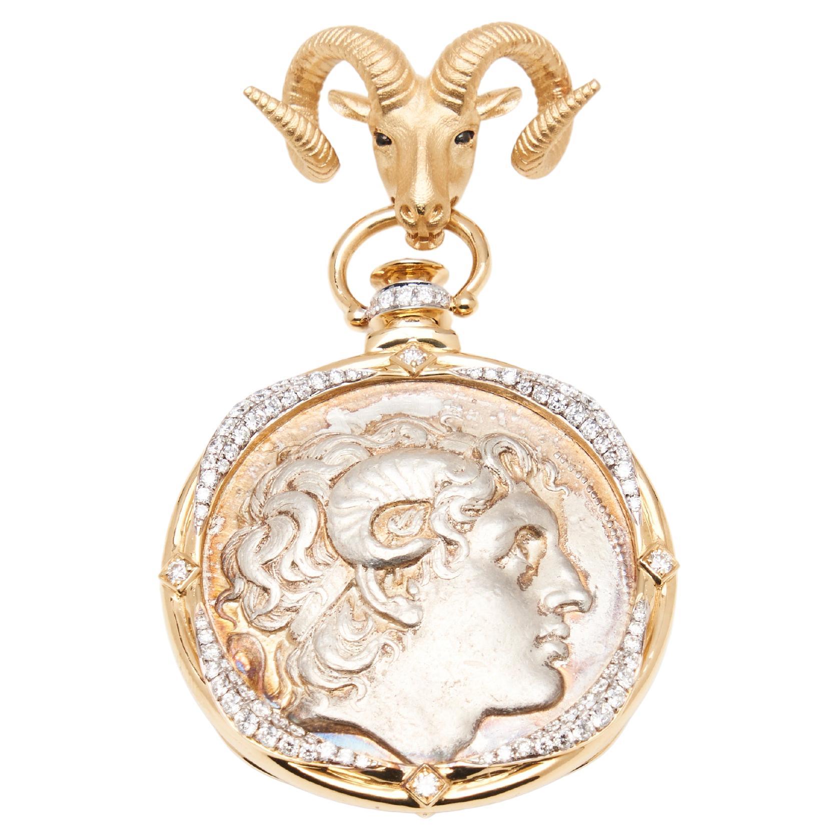 18K Gold Ram Head Coin Pendant For Sale