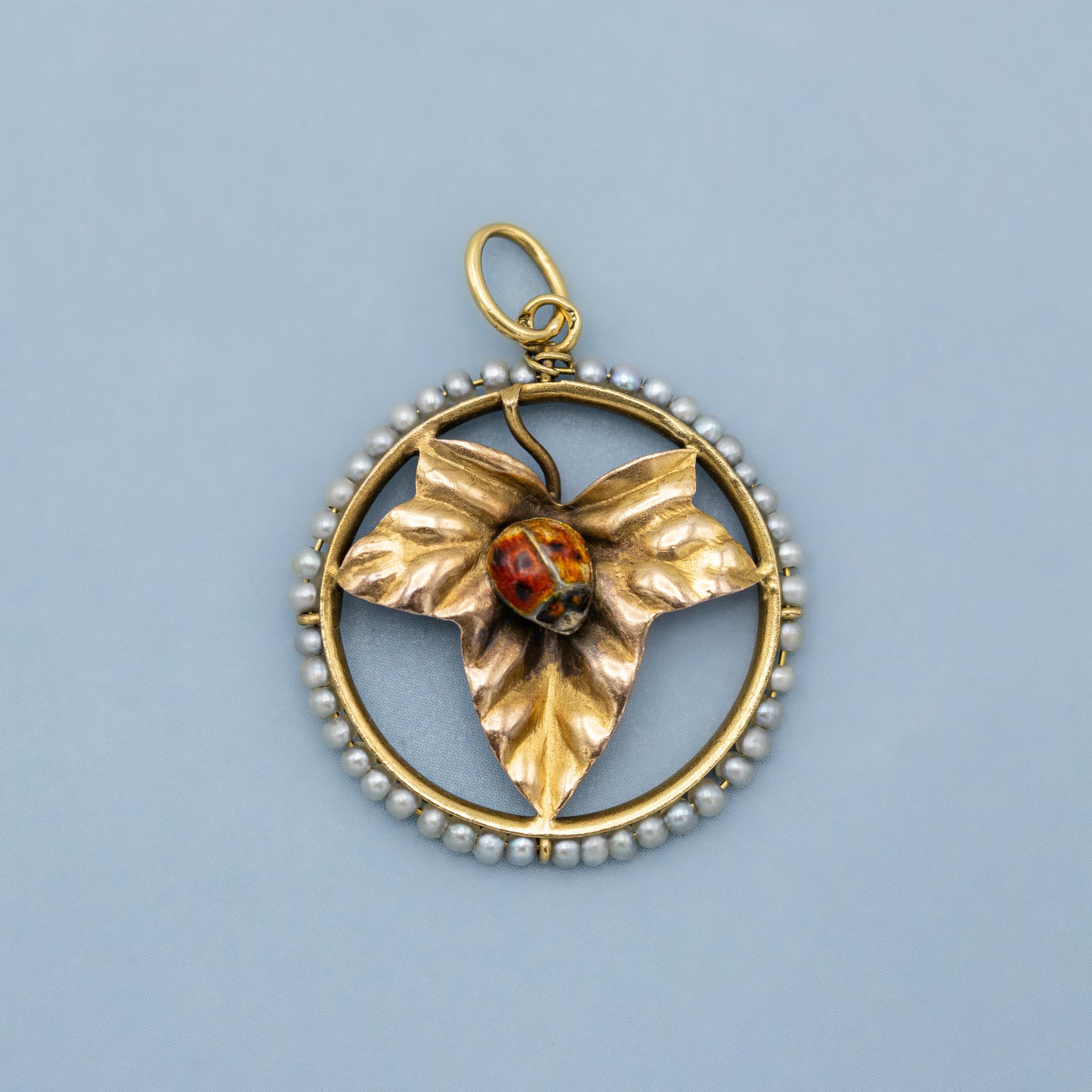 Oro de 18 quilates, Raro amuleto francés de la buena suerte - Medalla de 1900 - Colgante de hiedra y mariquita 3