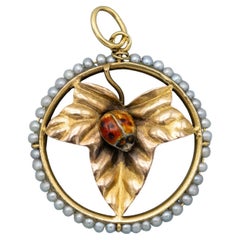 18K gold, Rare French good luck charm - 1900's medal - Ivy & ladybird pendant