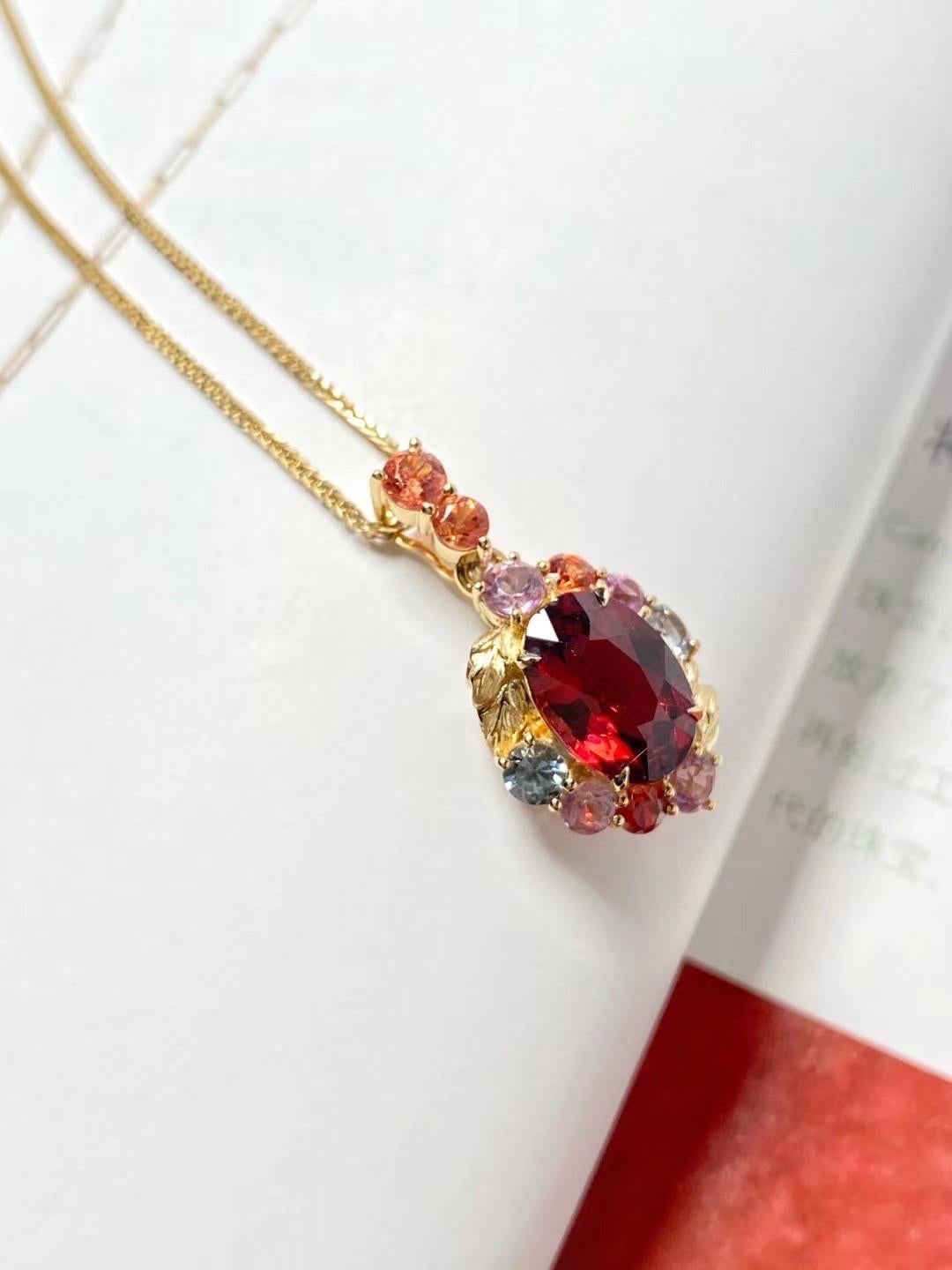 18K Gold Rare Red Garnet and Burma Spinels Pendant in Botanical Design 5