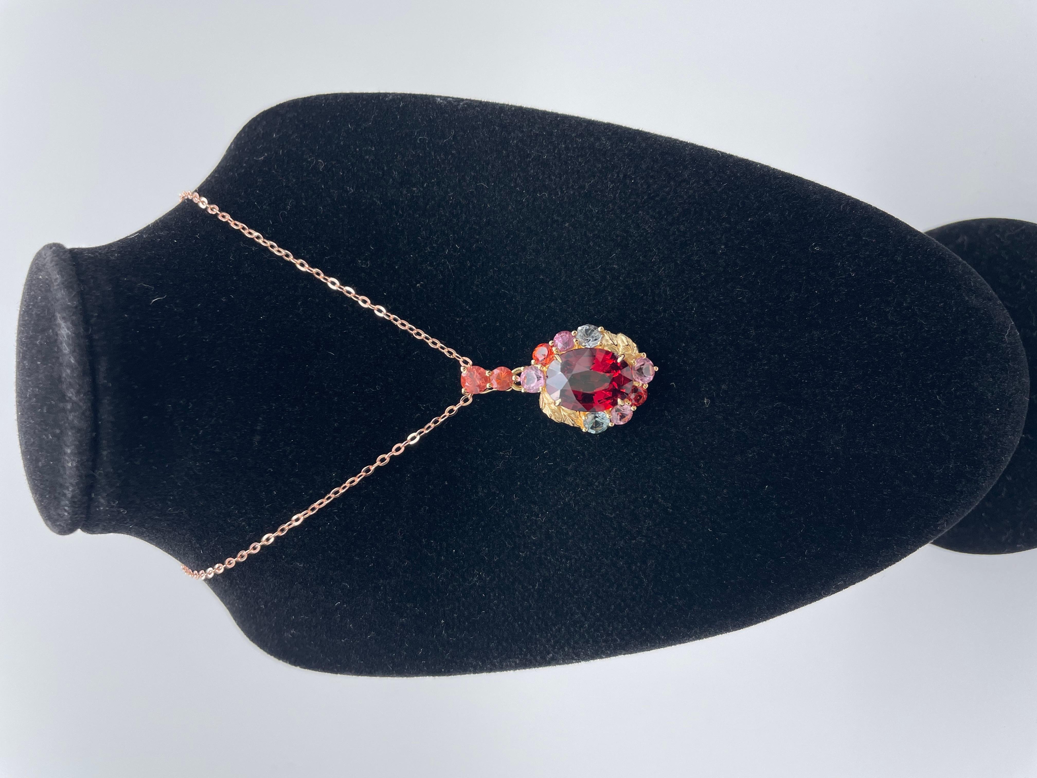 18K Gold Rare Red Garnet and Burma Spinels Pendant in Botanical Design 6