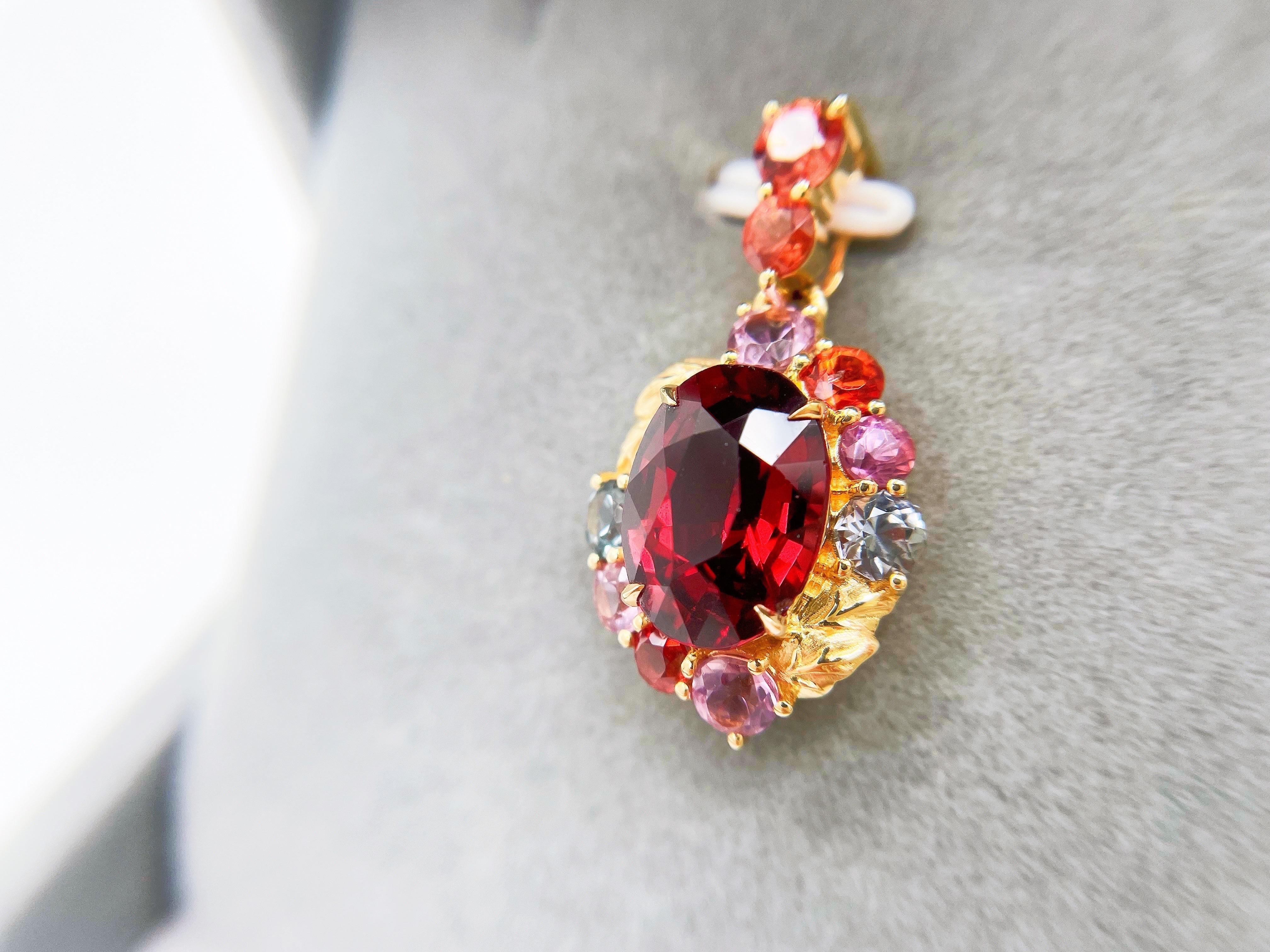 Oval Cut 18K Gold Rare Red Garnet and Burma Spinels Pendant in Botanical Design
