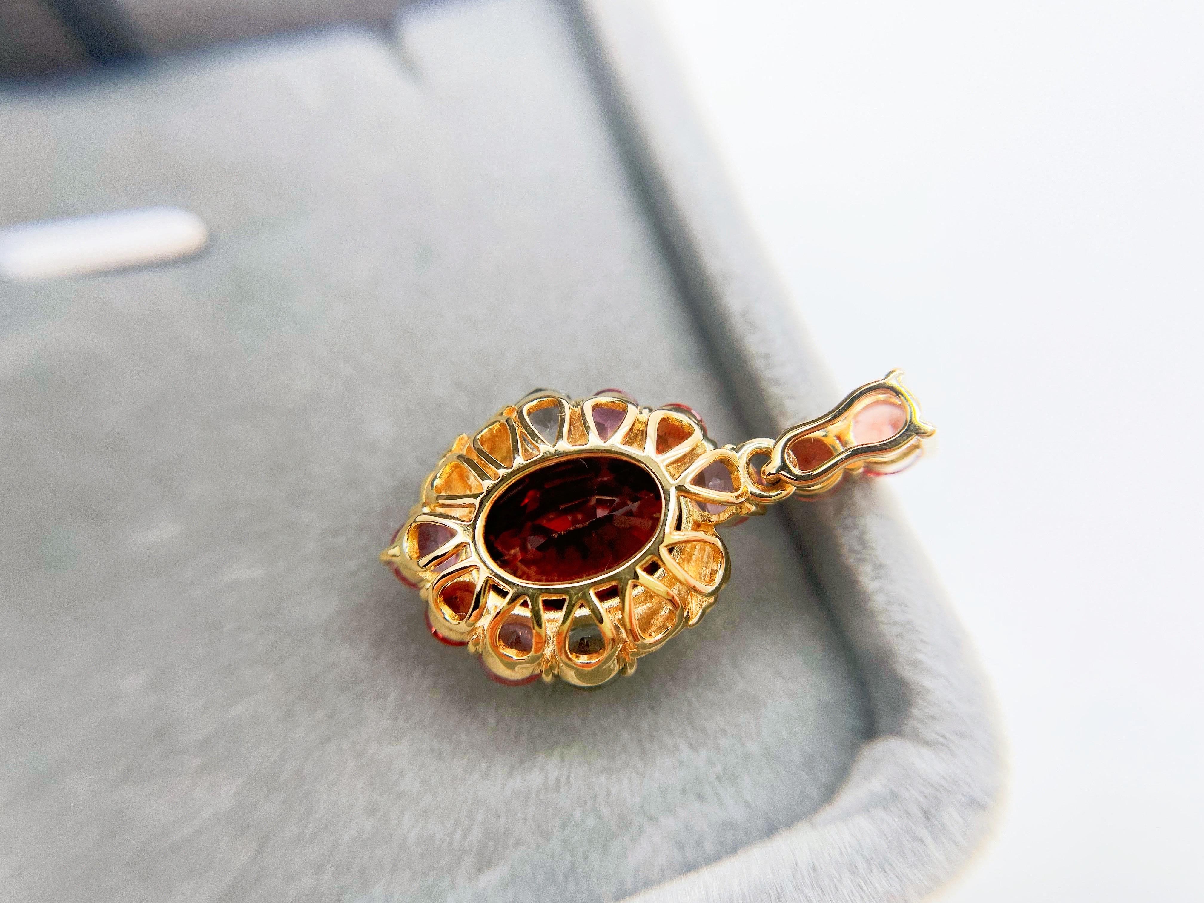 18K Gold Rare Red Garnet and Burma Spinels Pendant in Botanical Design 1