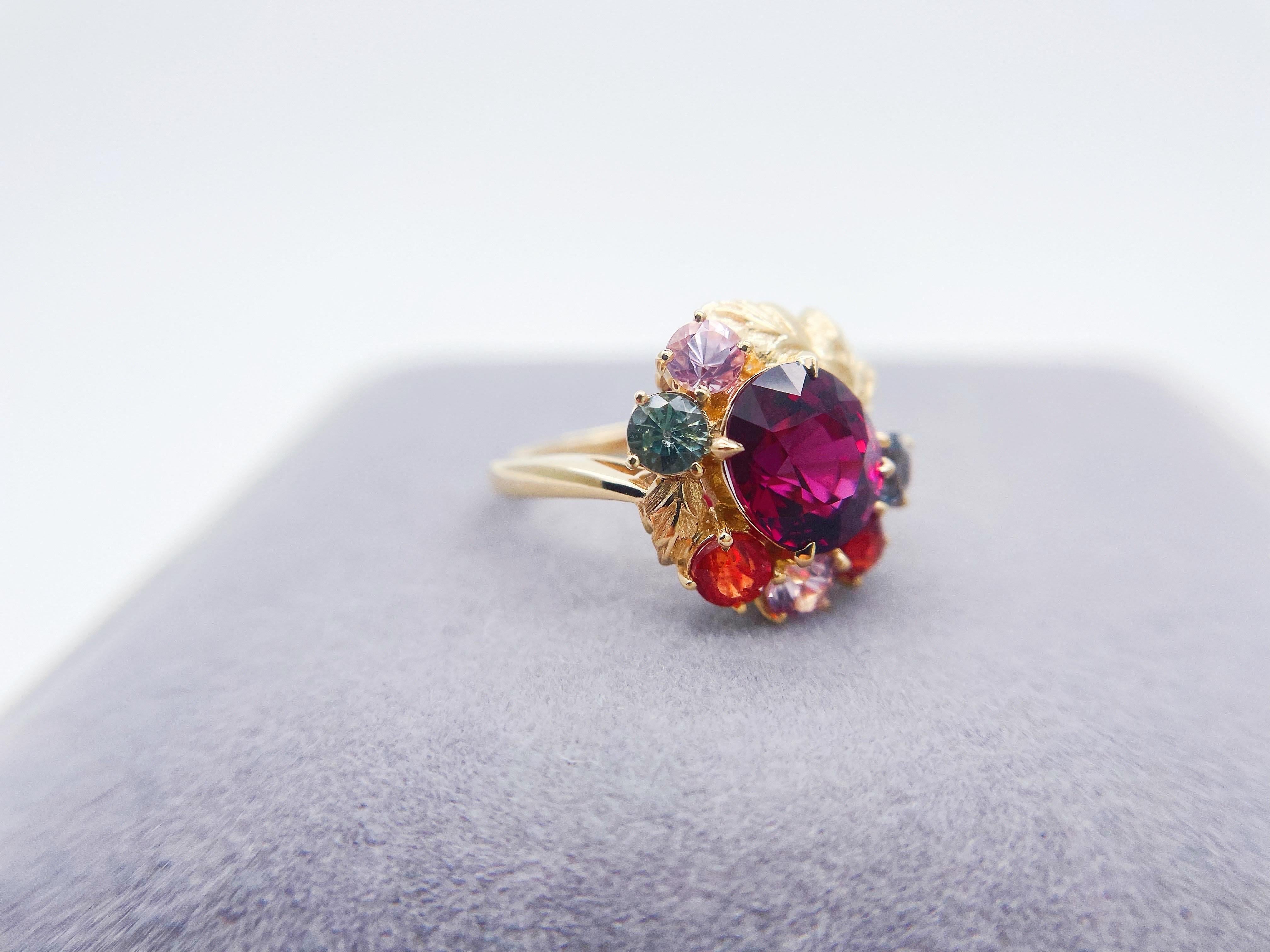 18K Gold Rare Red Garnet and Burma Spinels Pendant in Botanical Design 2
