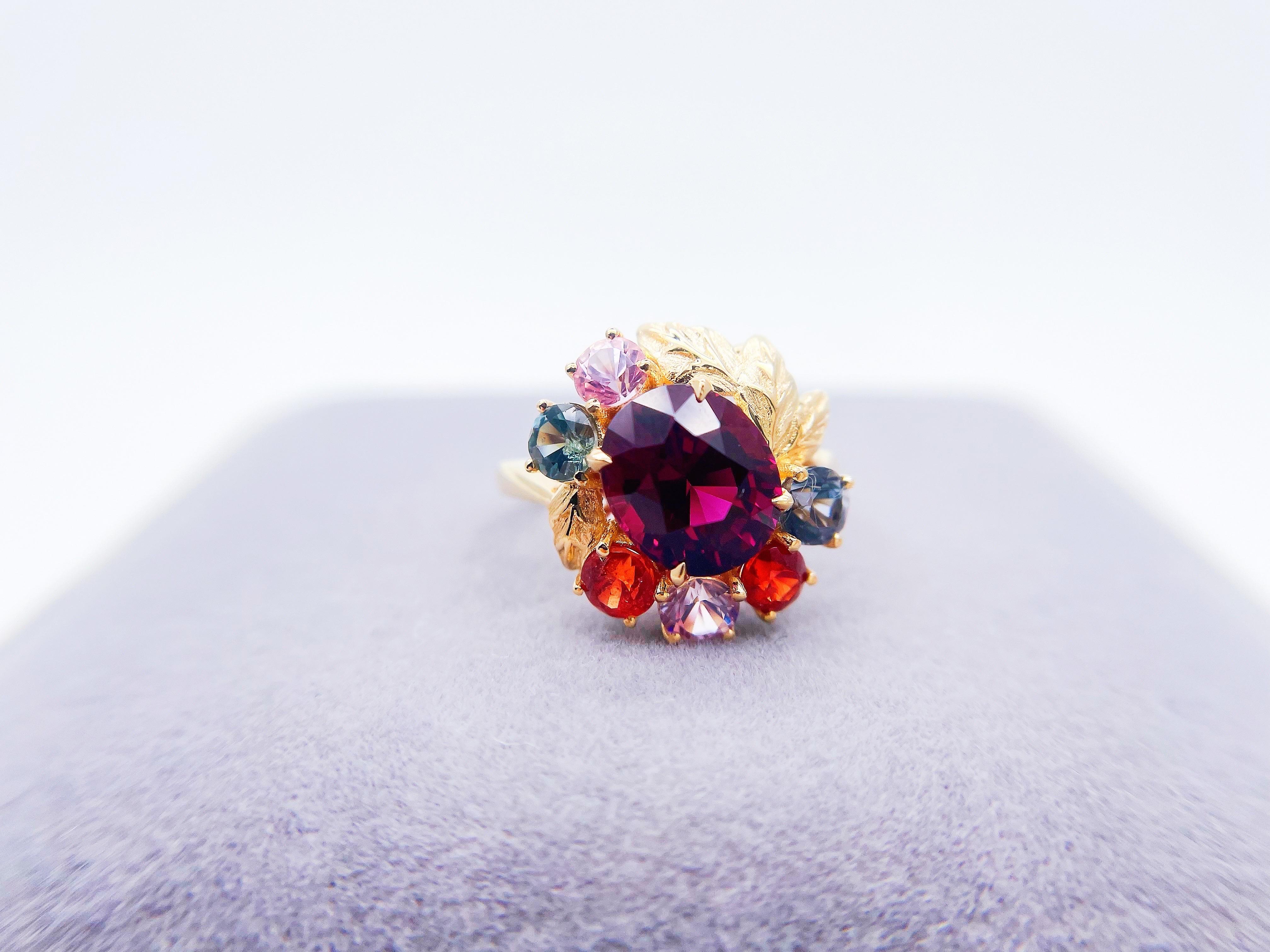18K Gold Rare Red Garnet and Burma Spinels Pendant in Botanical Design 3
