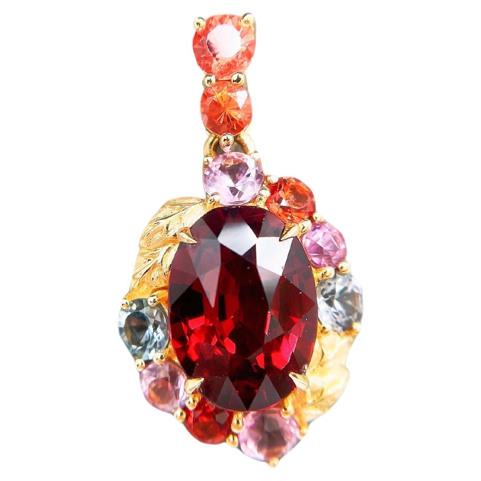 18K Gold Rare Red Garnet and Burma Spinels Pendant in Botanical Design